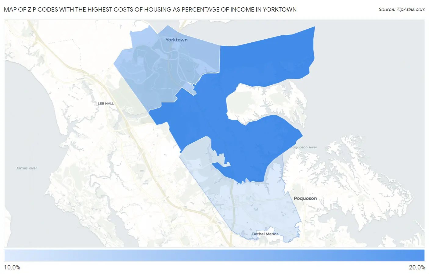 Zip Codes with the Highest Costs of Housing as Percentage of Income in Yorktown Map