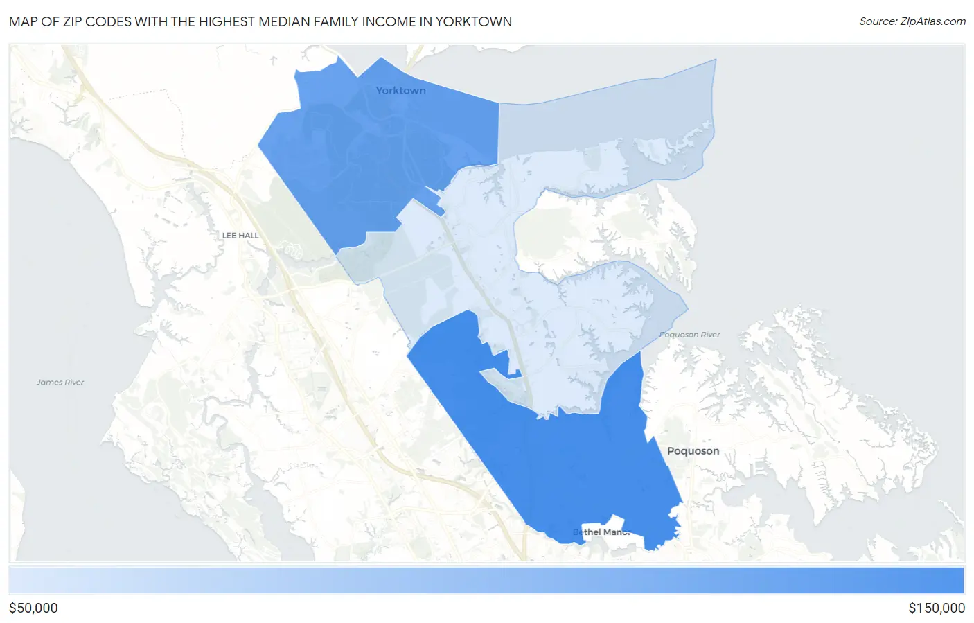 Zip Codes with the Highest Median Family Income in Yorktown Map