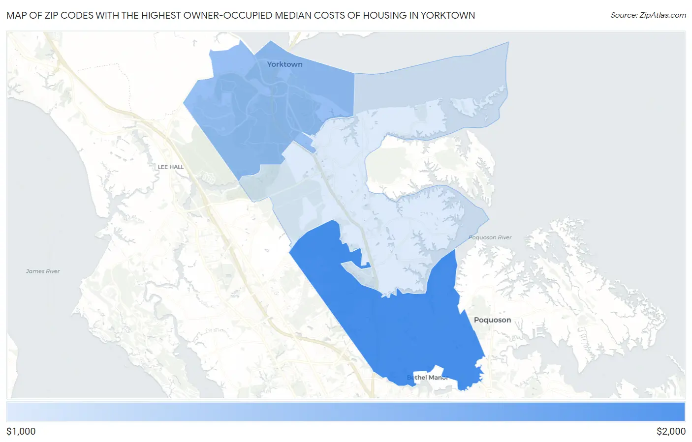 Zip Codes with the Highest Owner-Occupied Median Costs of Housing in Yorktown Map