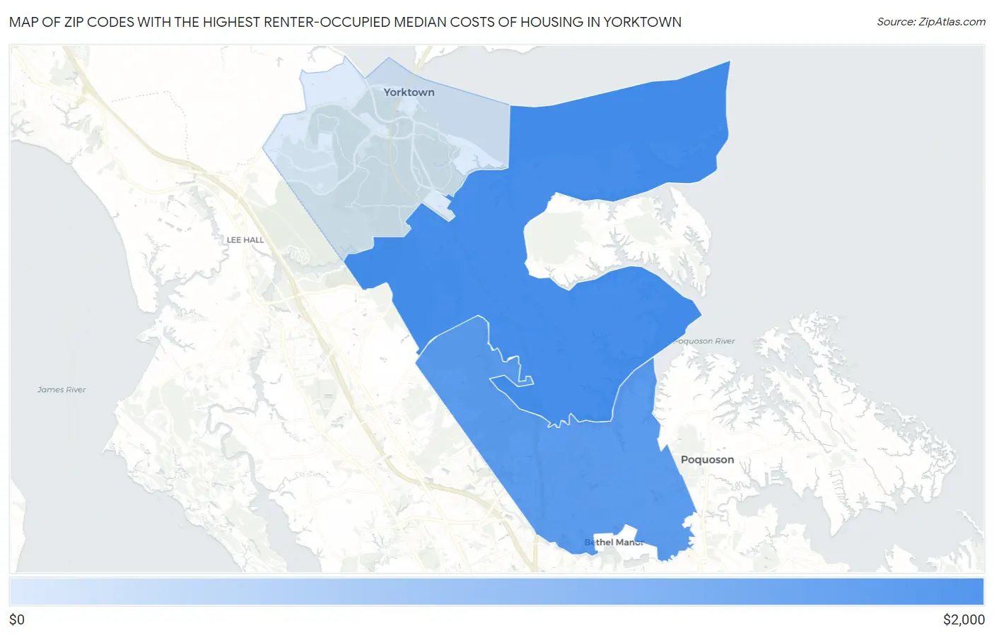 Zip Codes with the Highest Renter-Occupied Median Costs of Housing in Yorktown Map