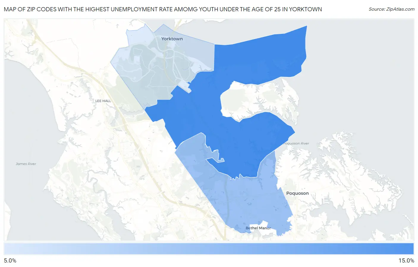 Zip Codes with the Highest Unemployment Rate Amomg Youth Under the Age of 25 in Yorktown Map
