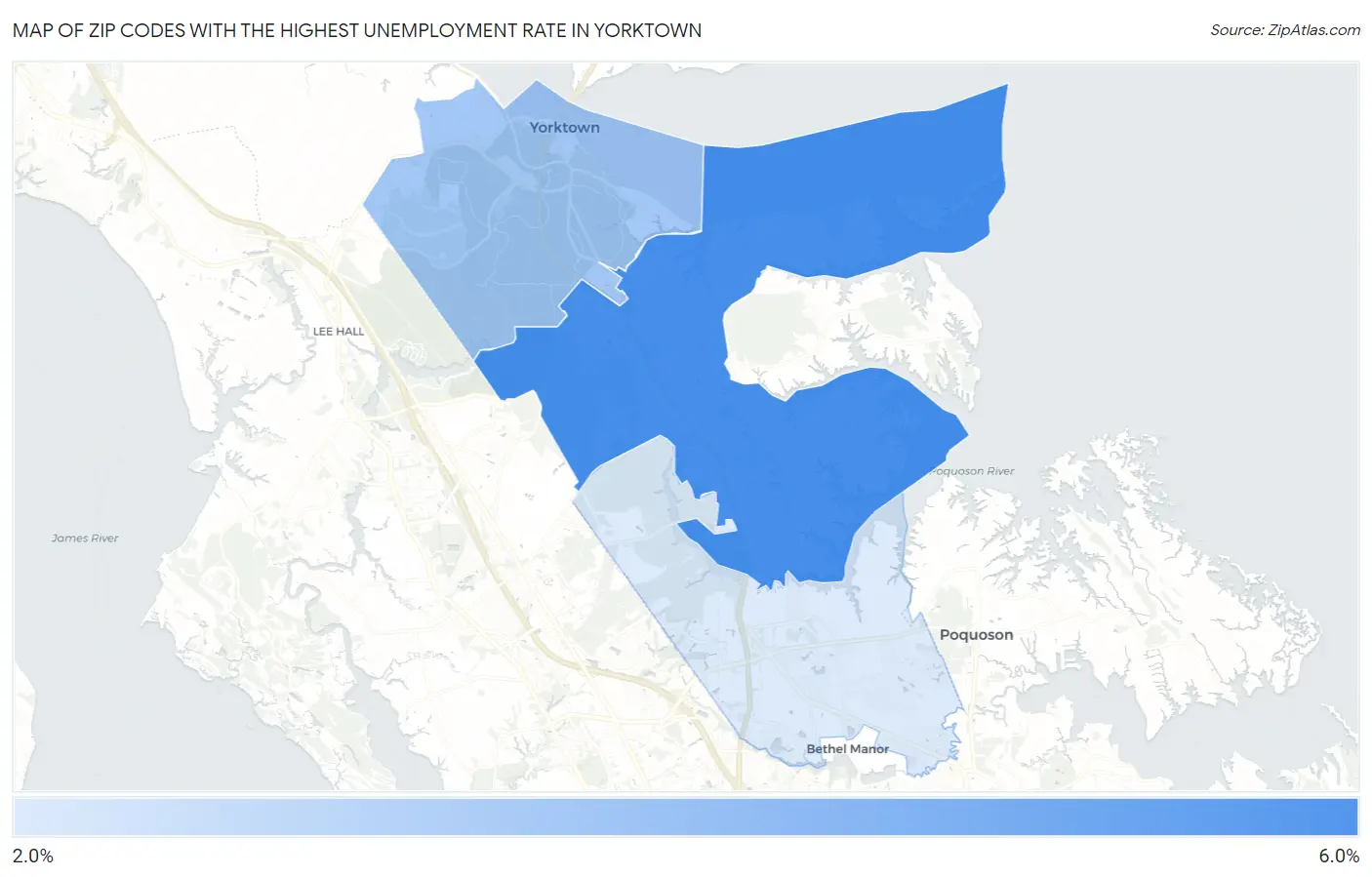 Zip Codes with the Highest Unemployment Rate in Yorktown Map