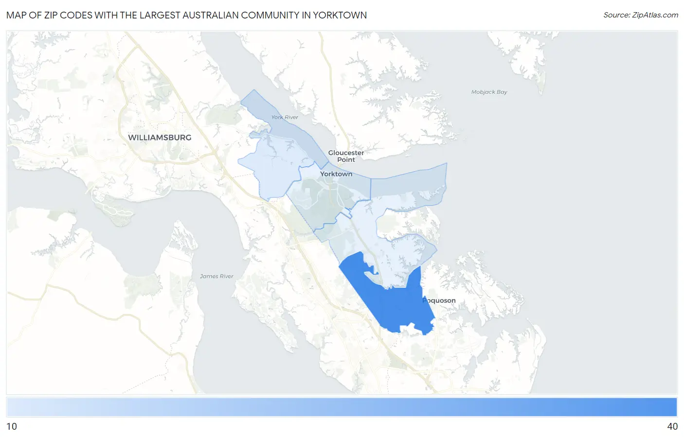 Zip Codes with the Largest Australian Community in Yorktown Map