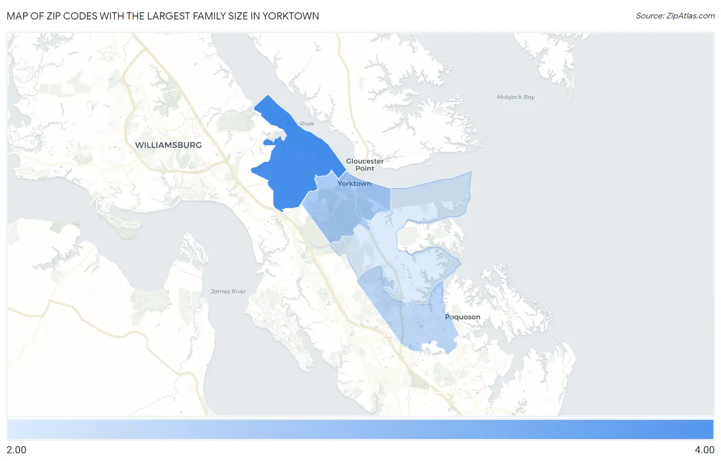 Zip Codes with the Largest Family Size in Yorktown Map