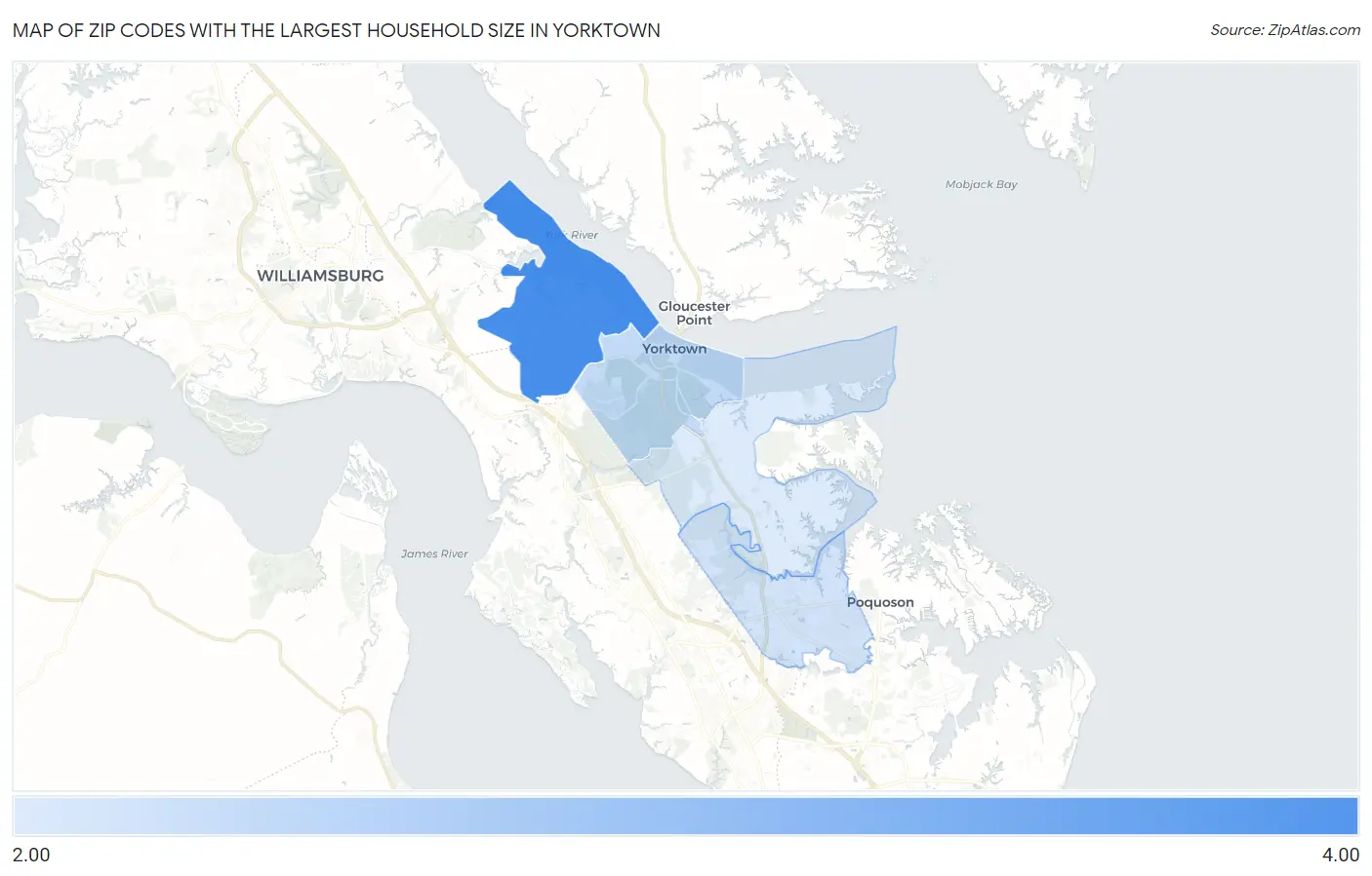 Zip Codes with the Largest Household Size in Yorktown Map