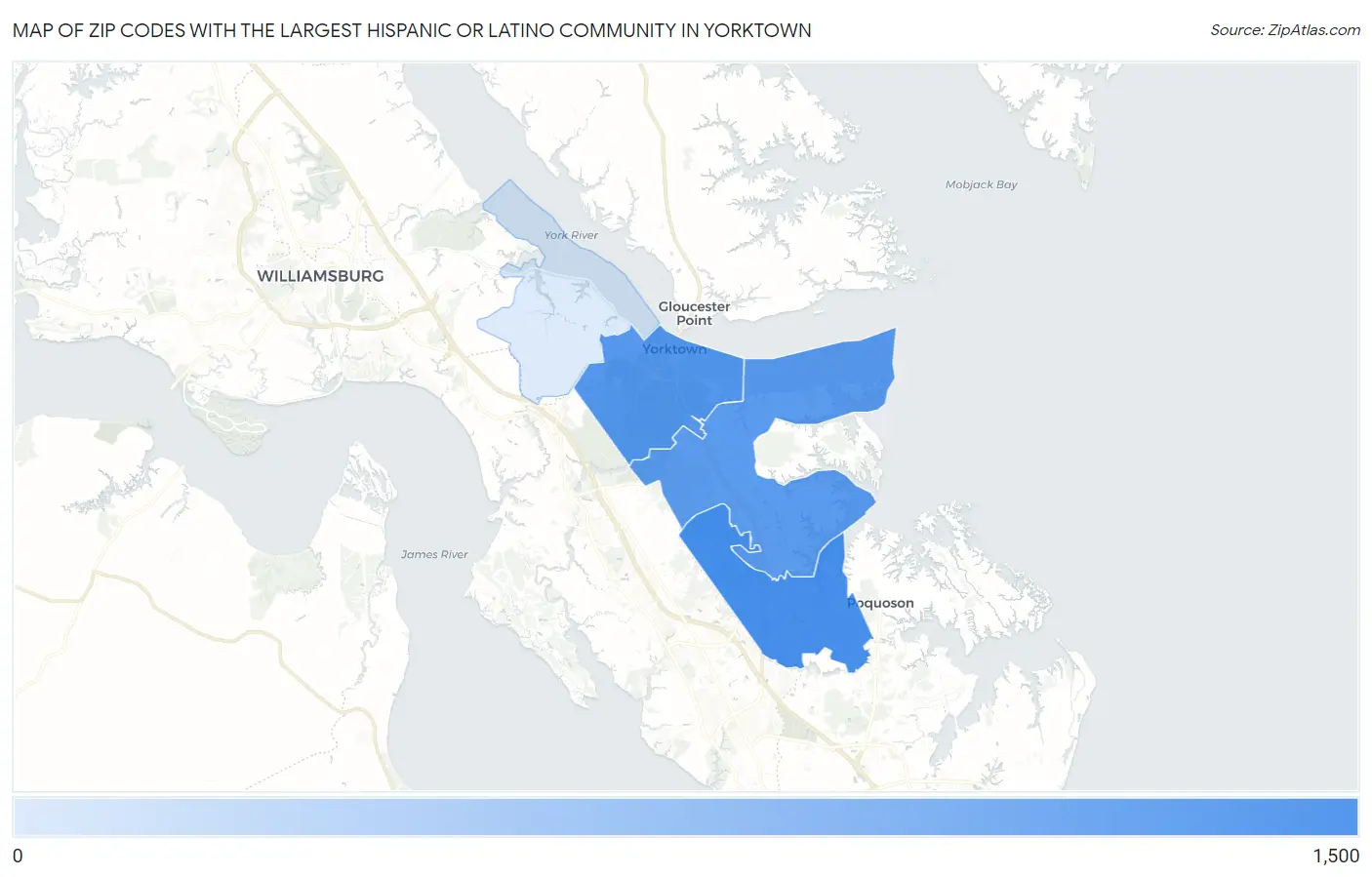 Zip Codes with the Largest Hispanic or Latino Community in Yorktown Map