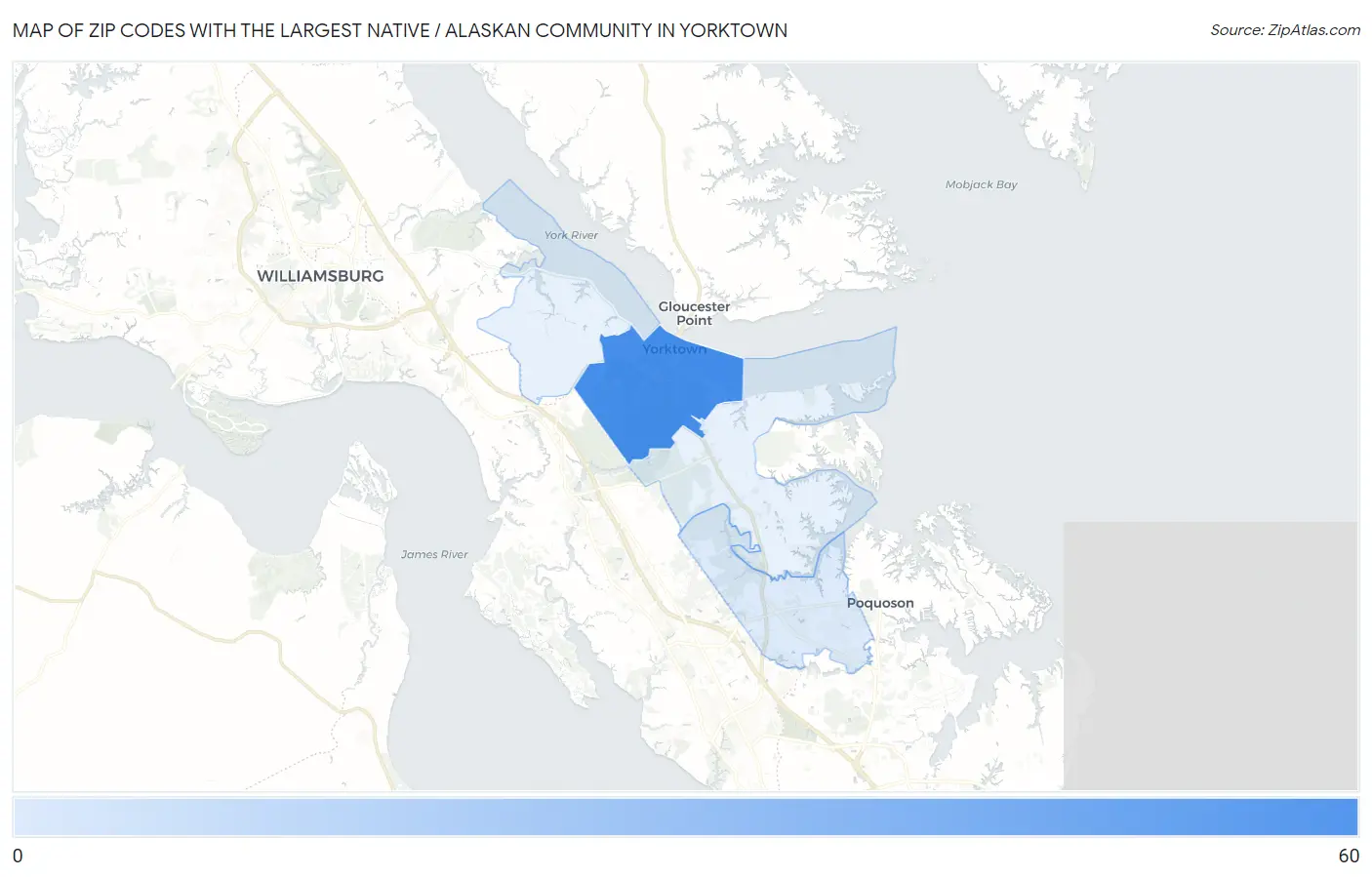 Zip Codes with the Largest Native / Alaskan Community in Yorktown Map