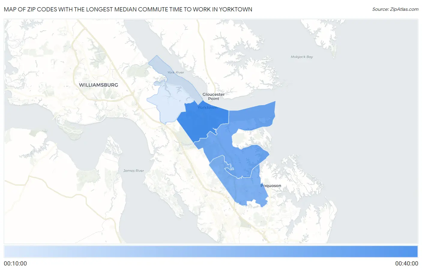 Zip Codes with the Longest Median Commute Time to Work in Yorktown Map