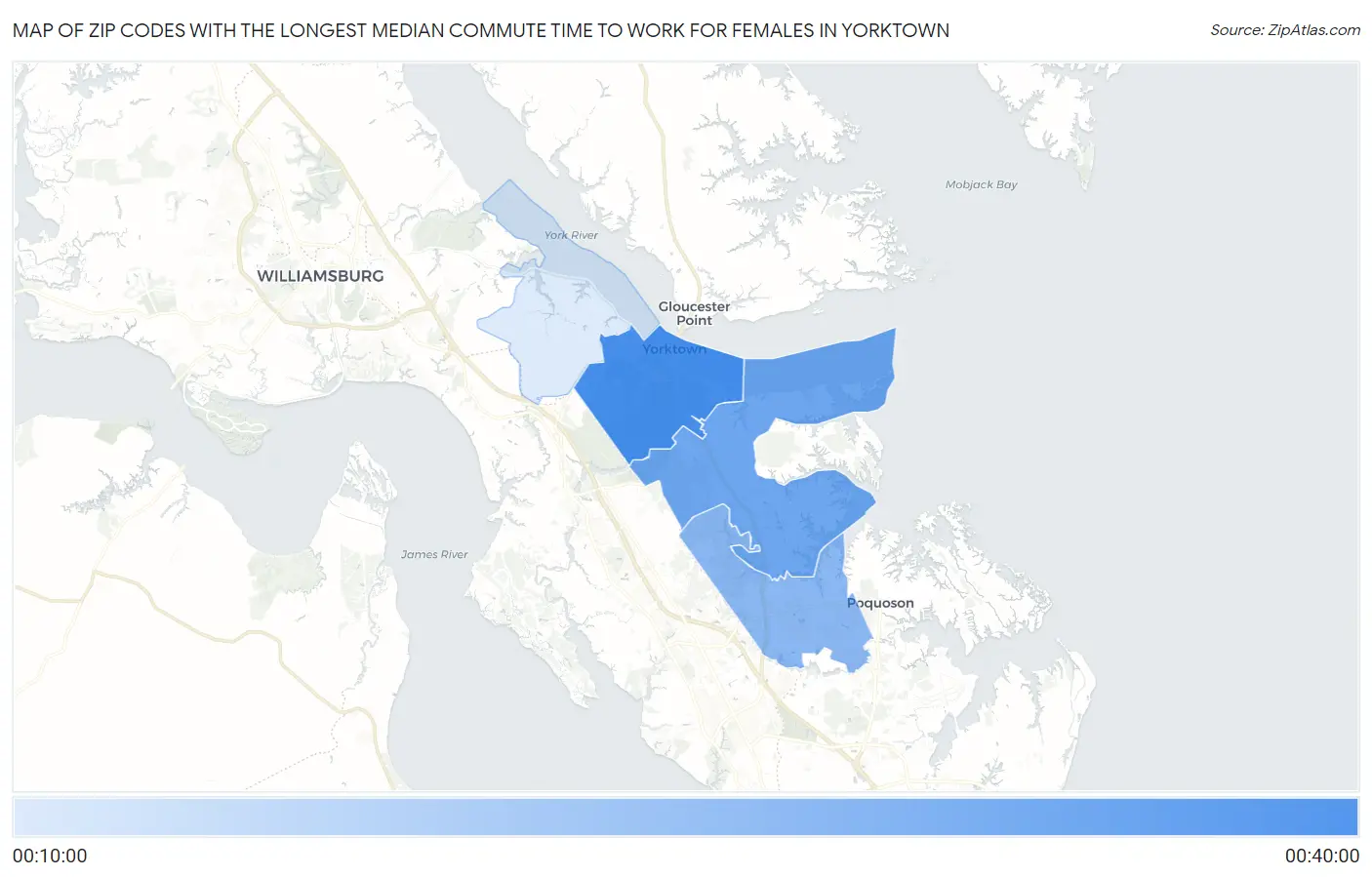 Zip Codes with the Longest Median Commute Time to Work for Females in Yorktown Map