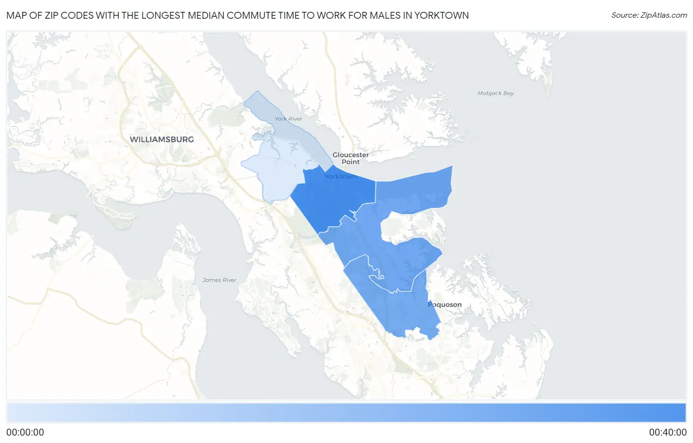 Zip Codes with the Longest Median Commute Time to Work for Males in Yorktown Map