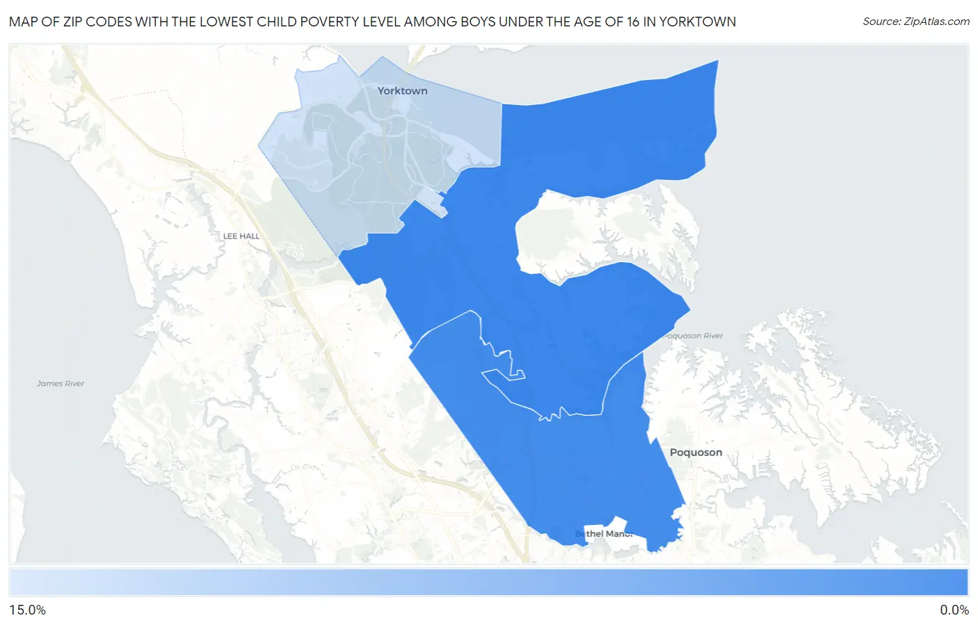 Zip Codes with the Lowest Child Poverty Level Among Boys Under the Age of 16 in Yorktown Map
