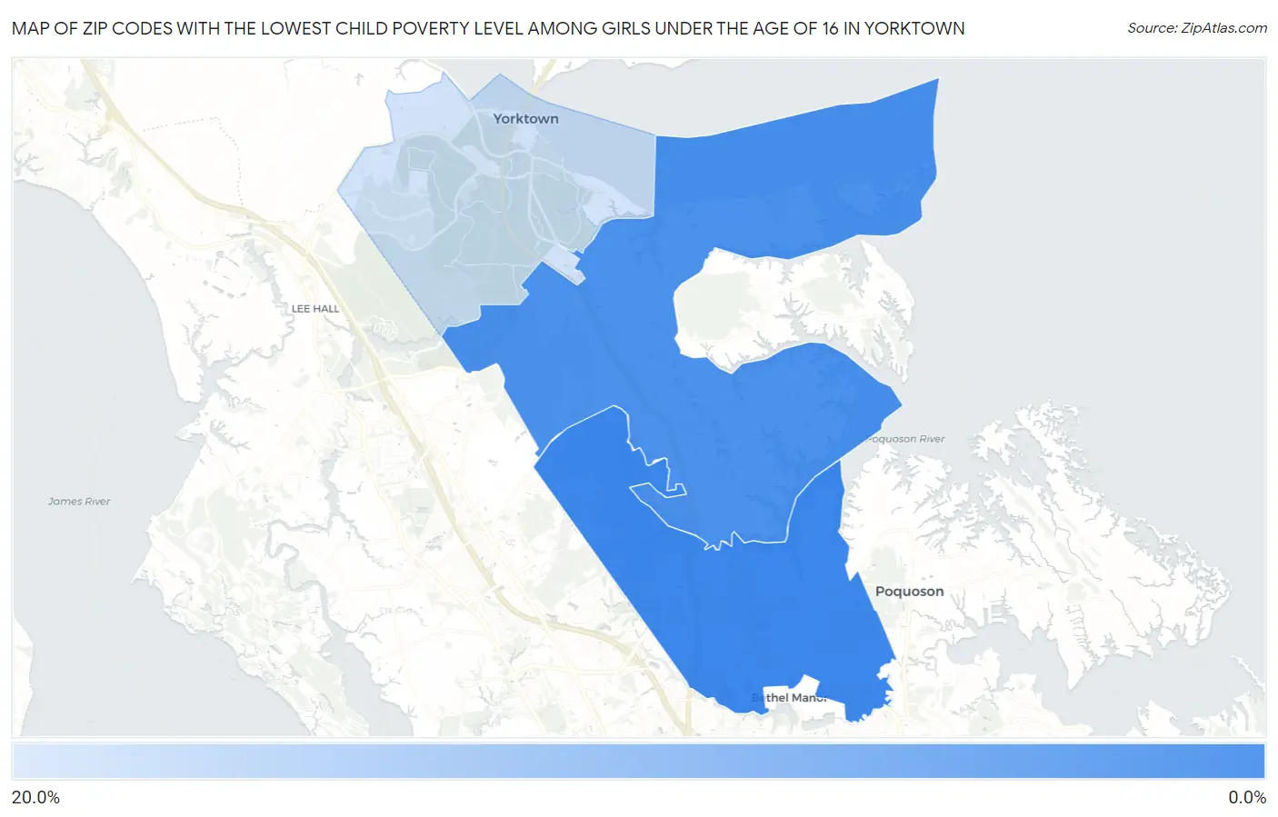 Zip Codes with the Lowest Child Poverty Level Among Girls Under the Age of 16 in Yorktown Map