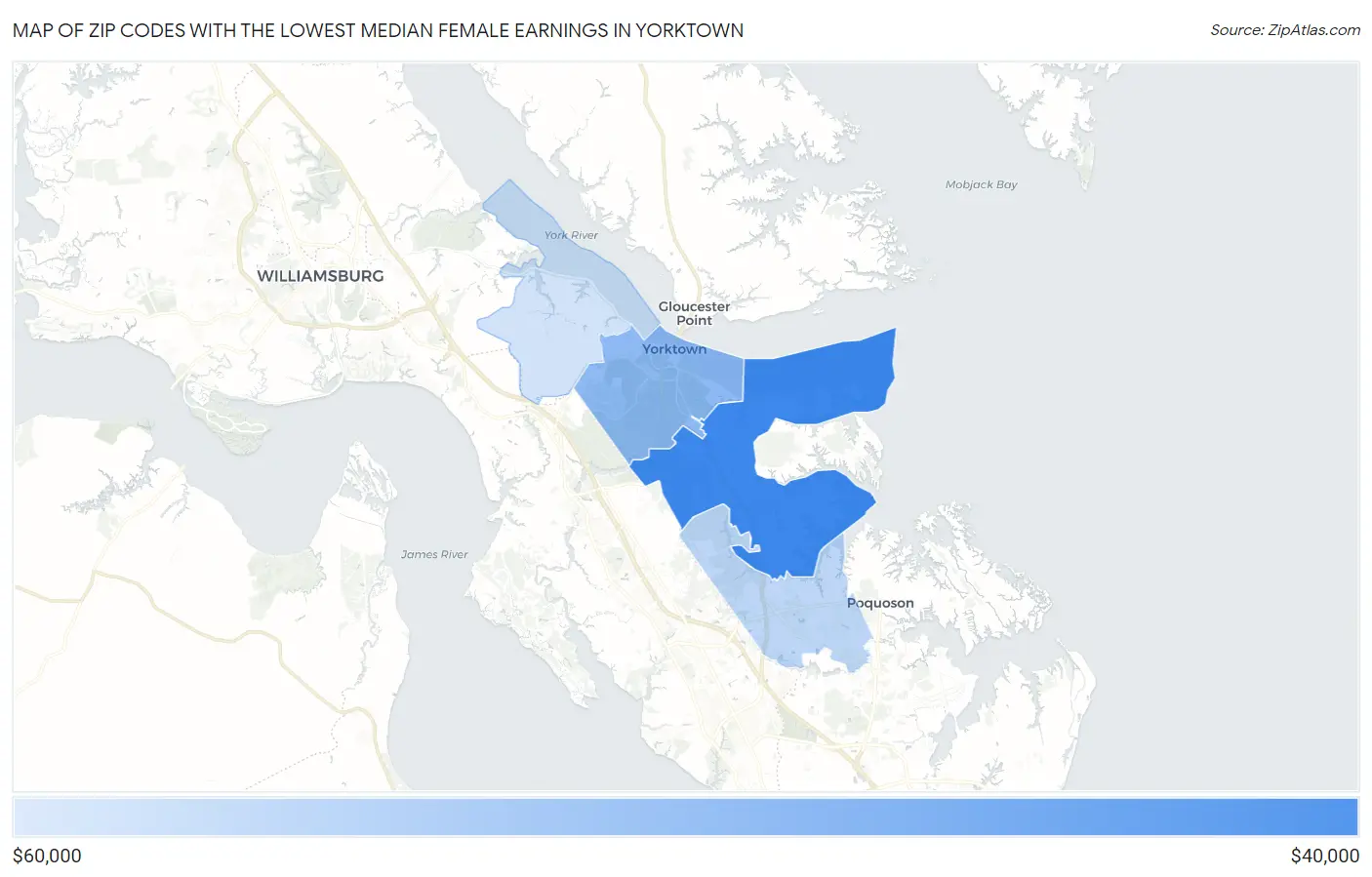 Zip Codes with the Lowest Median Female Earnings in Yorktown Map