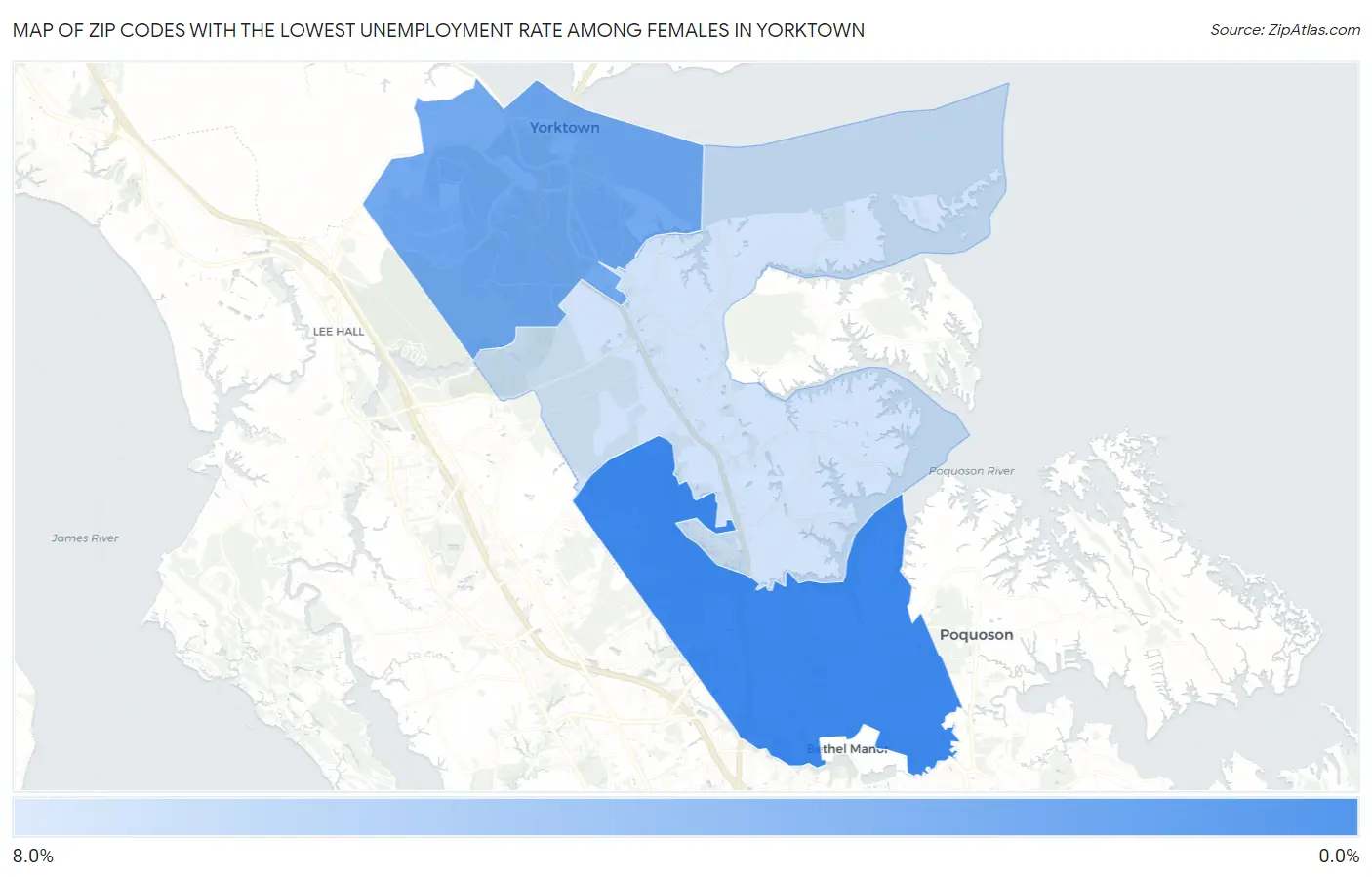 Zip Codes with the Lowest Unemployment Rate Among Females in Yorktown Map