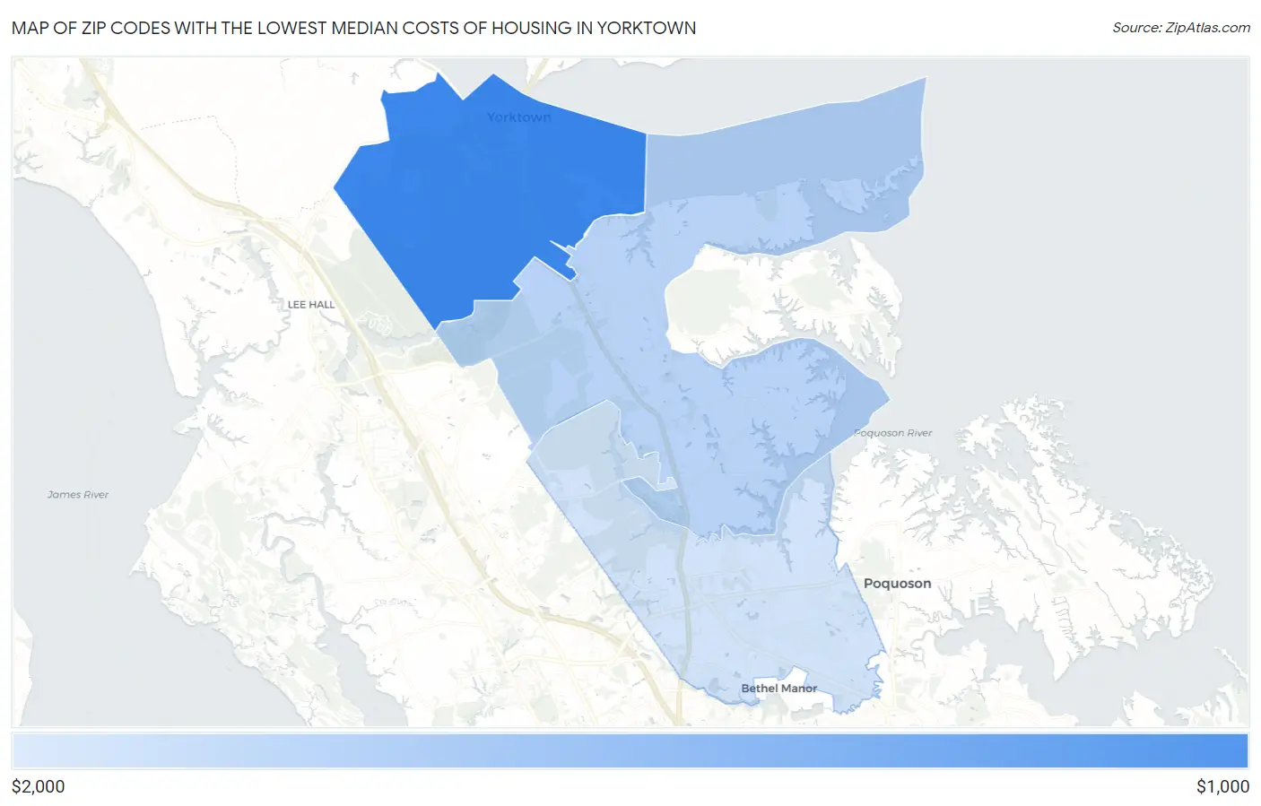 Zip Codes with the Lowest Median Costs of Housing in Yorktown Map