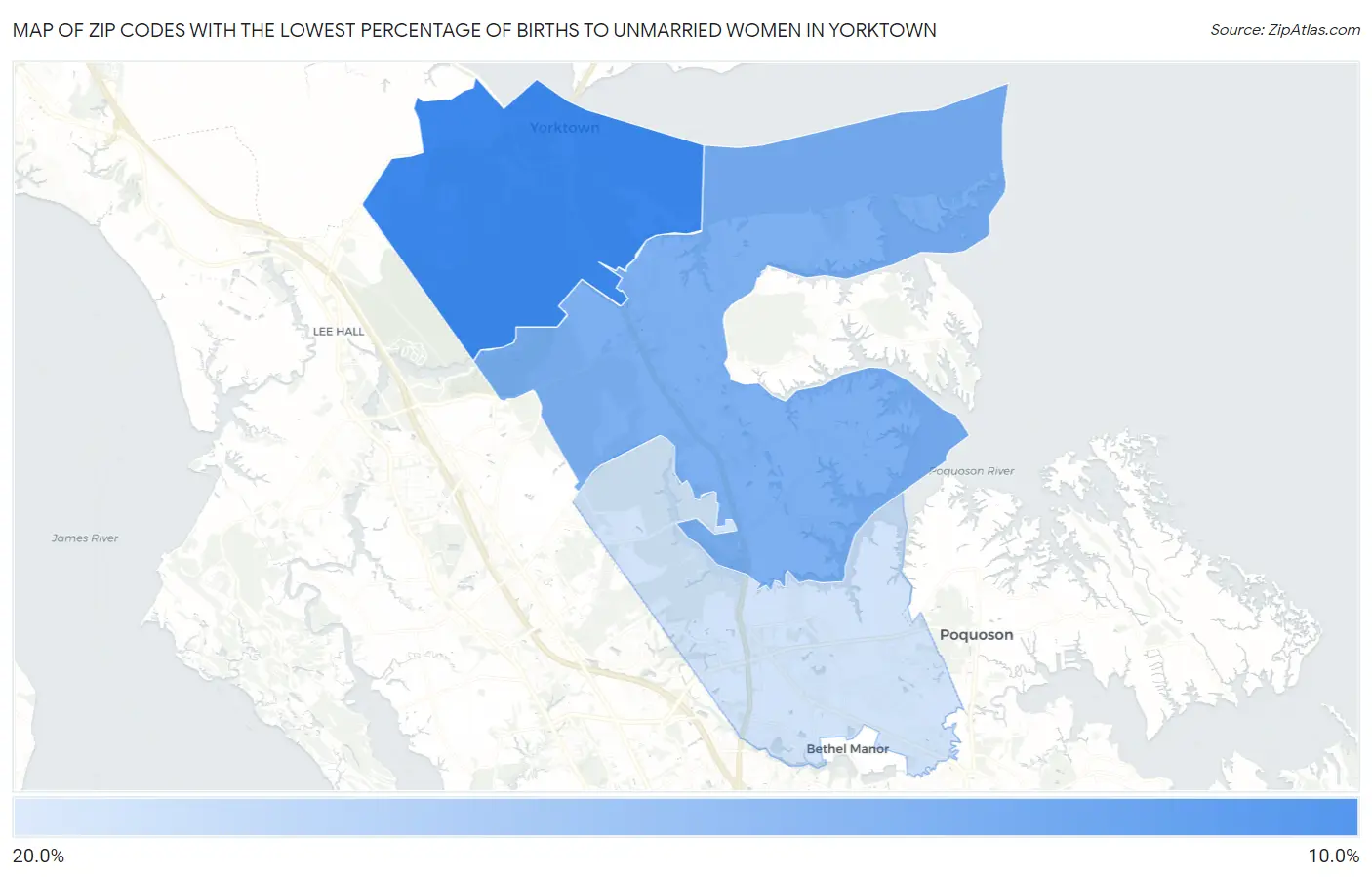 Zip Codes with the Lowest Percentage of Births to Unmarried Women in Yorktown Map