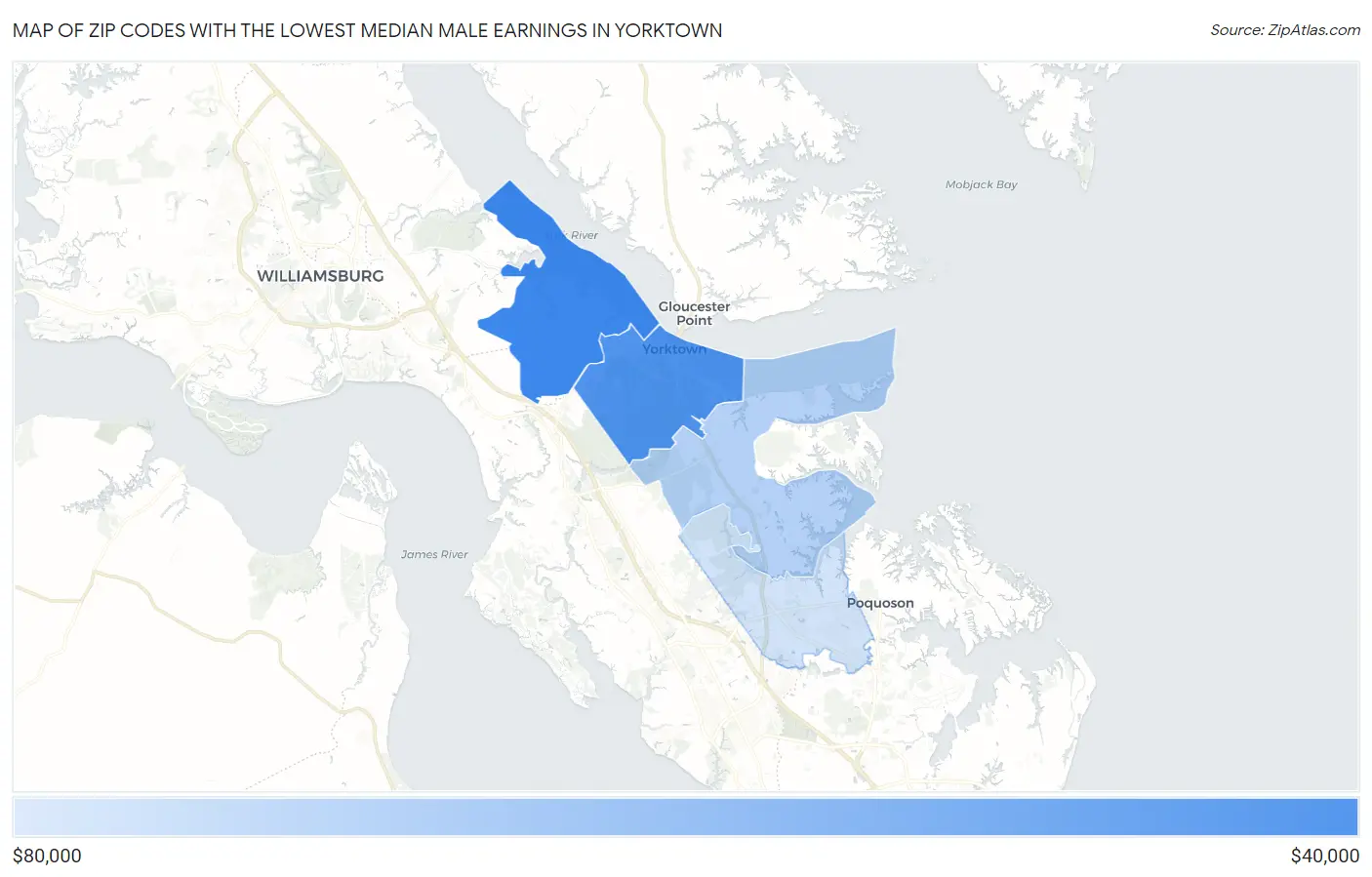 Zip Codes with the Lowest Median Male Earnings in Yorktown Map