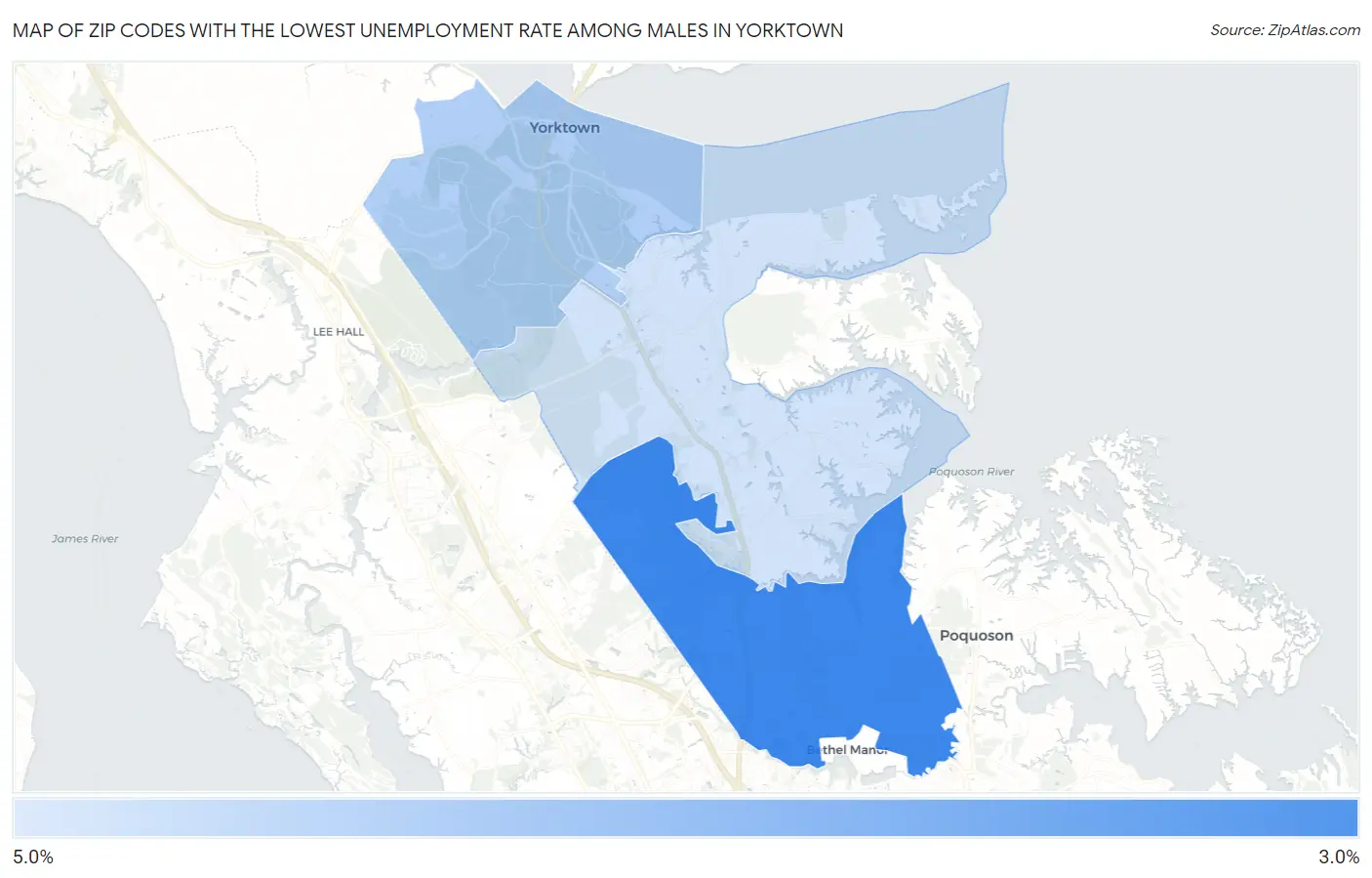 Zip Codes with the Lowest Unemployment Rate Among Males in Yorktown Map