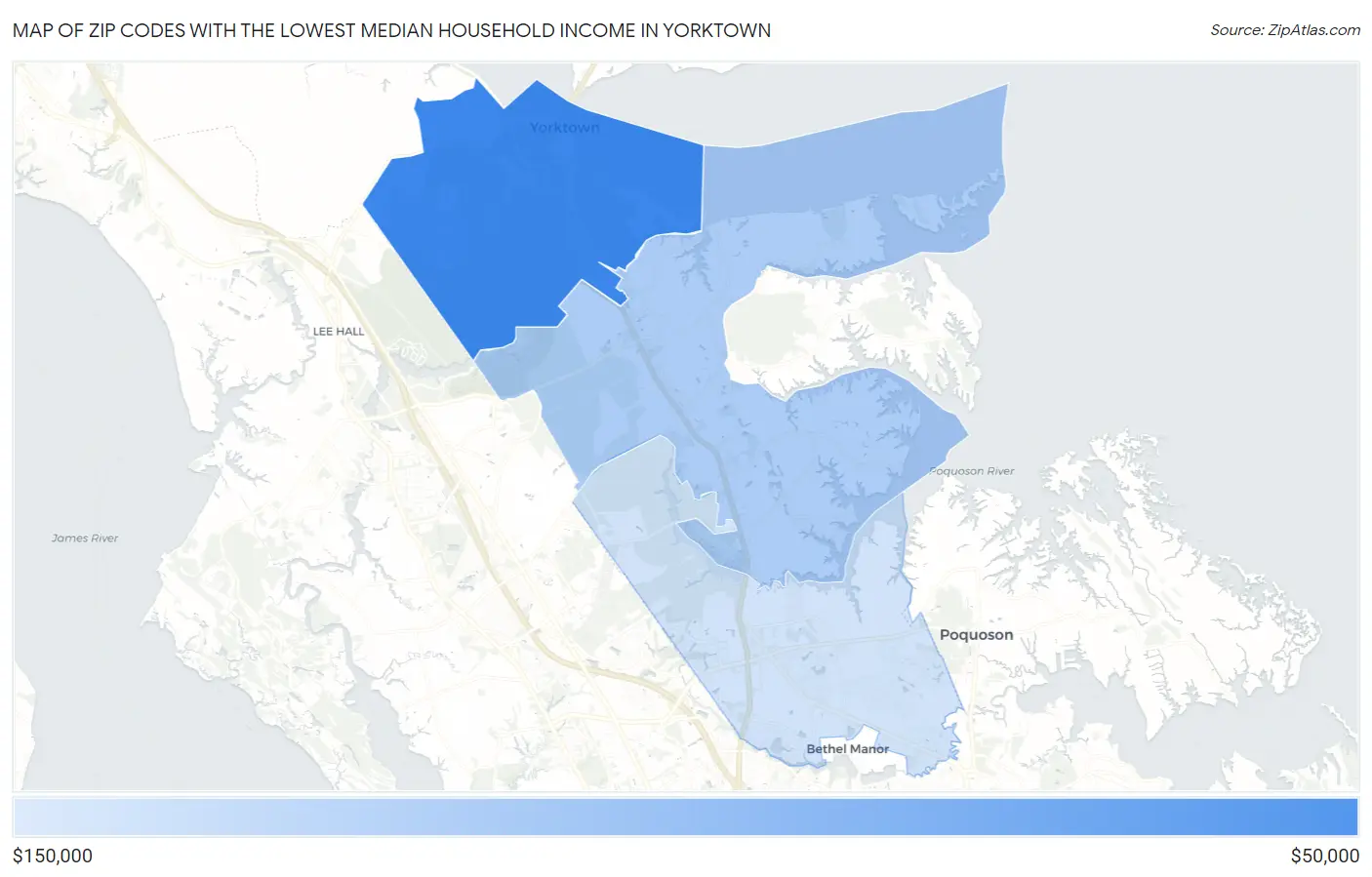Zip Codes with the Lowest Median Household Income in Yorktown Map