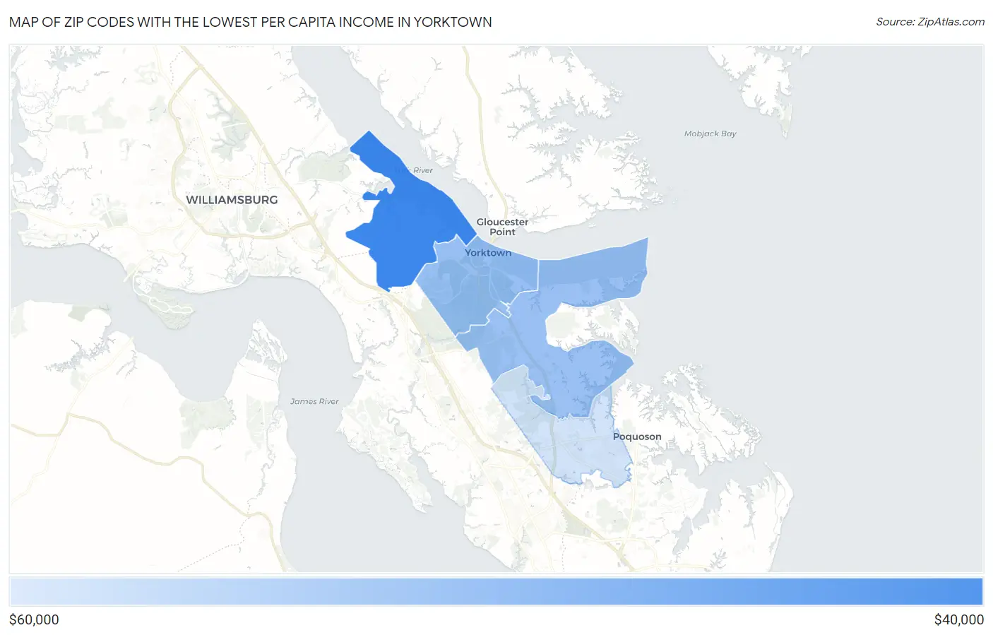Zip Codes with the Lowest Per Capita Income in Yorktown Map