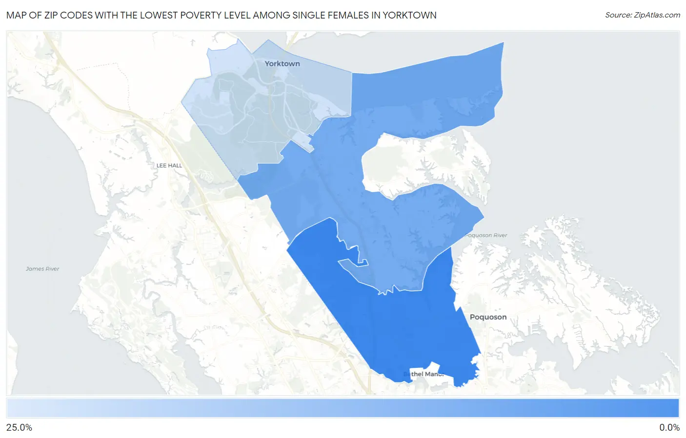 Zip Codes with the Lowest Poverty Level Among Single Females in Yorktown Map