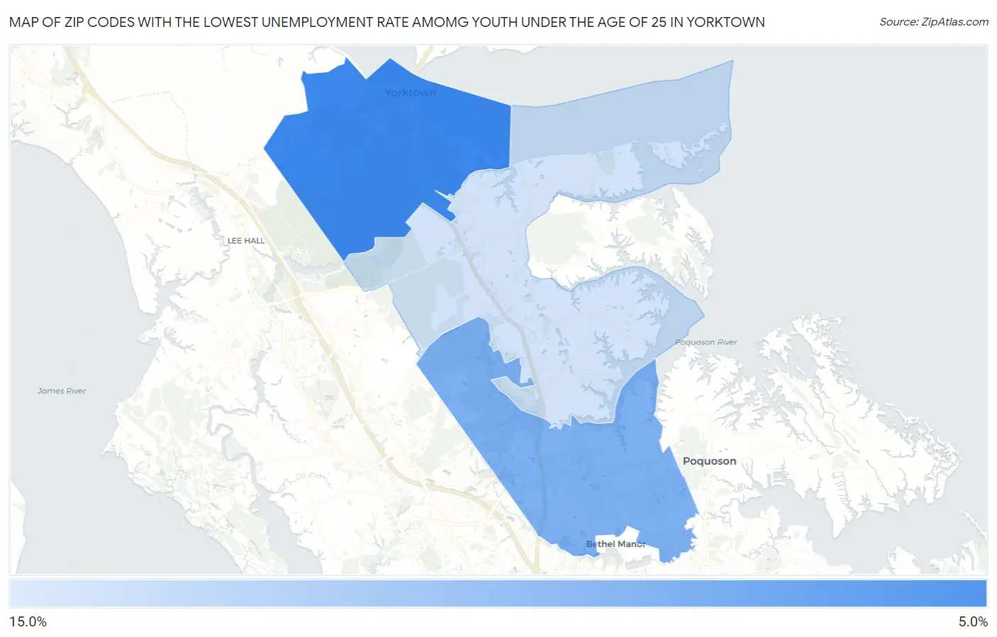 Zip Codes with the Lowest Unemployment Rate Amomg Youth Under the Age of 25 in Yorktown Map