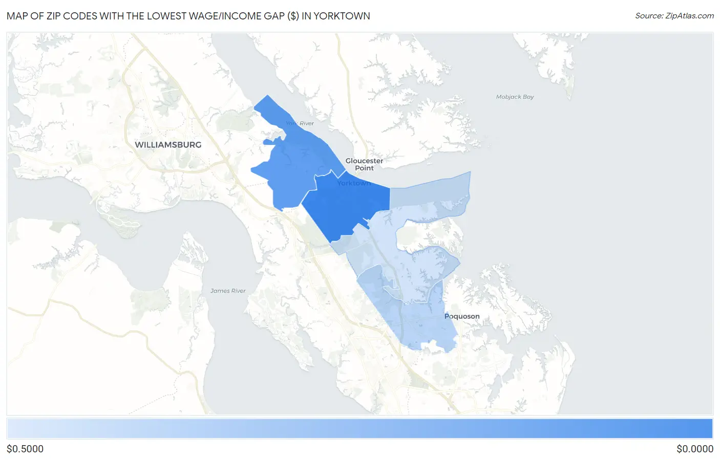 Zip Codes with the Lowest Wage/Income Gap ($) in Yorktown Map