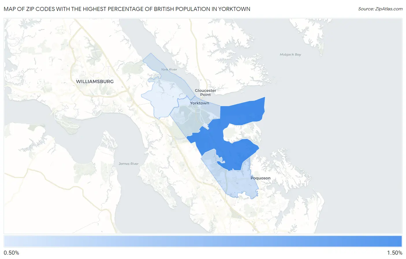 Zip Codes with the Highest Percentage of British Population in Yorktown Map