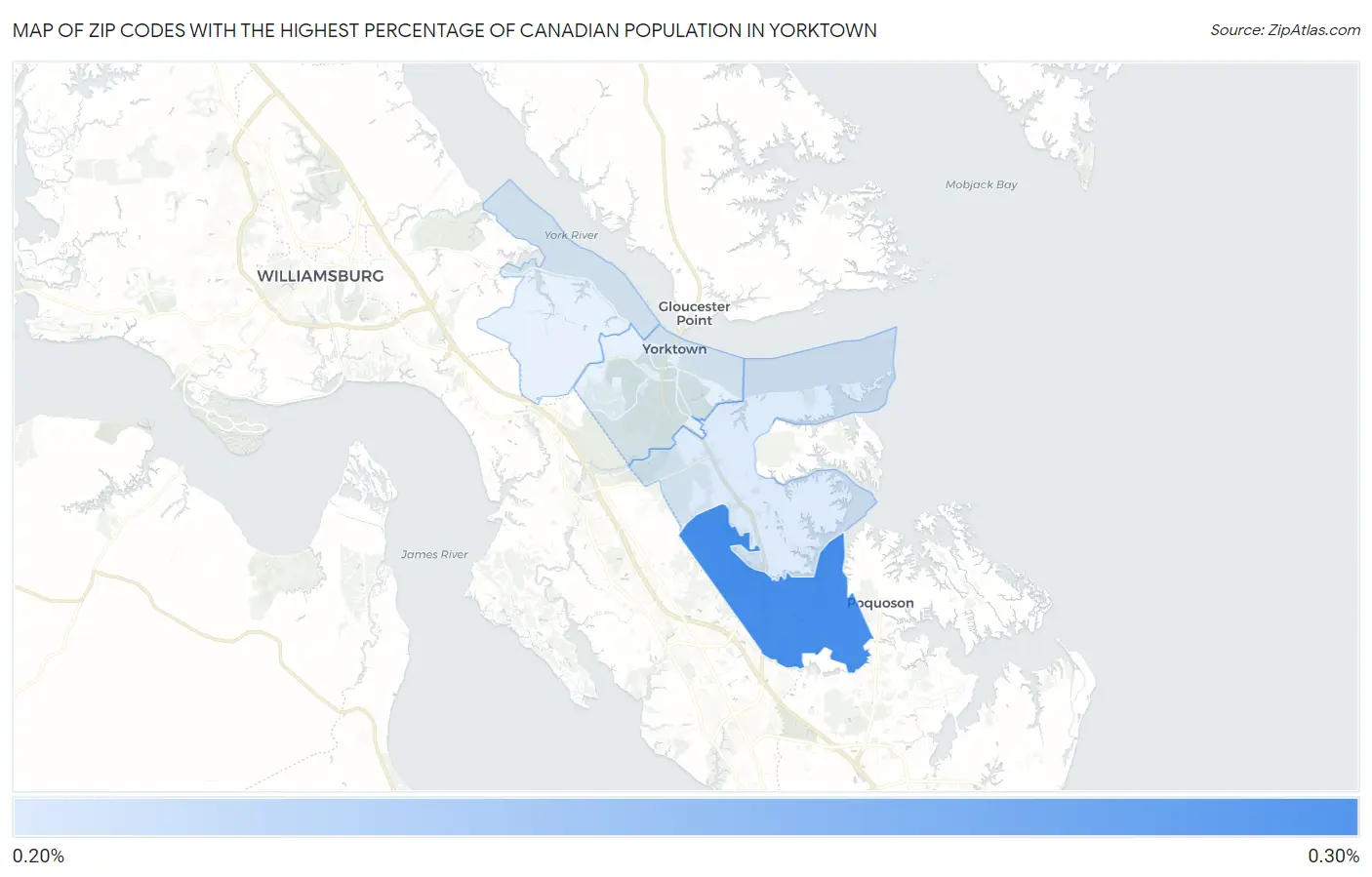 Zip Codes with the Highest Percentage of Canadian Population in Yorktown Map