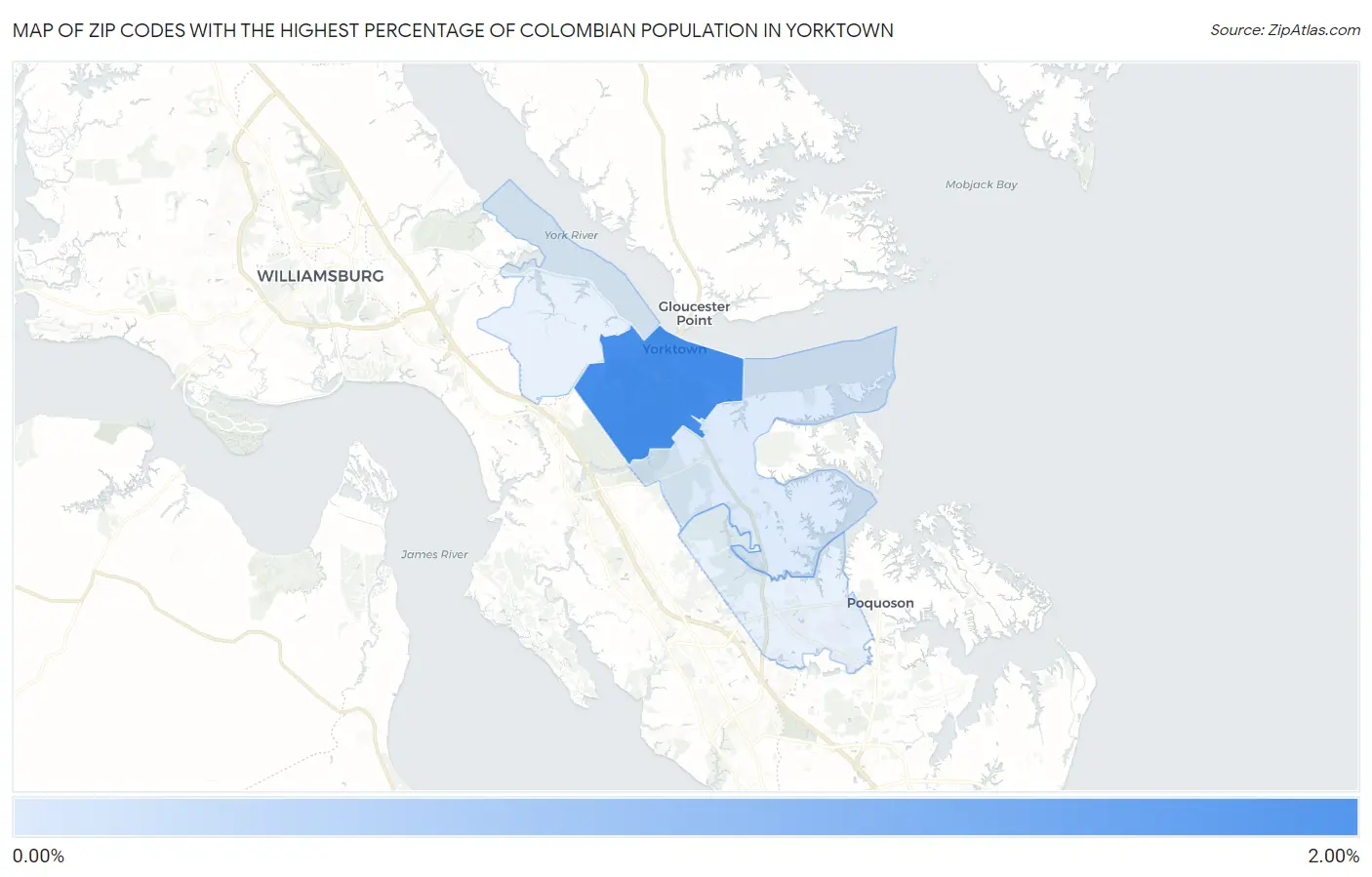 Zip Codes with the Highest Percentage of Colombian Population in Yorktown Map