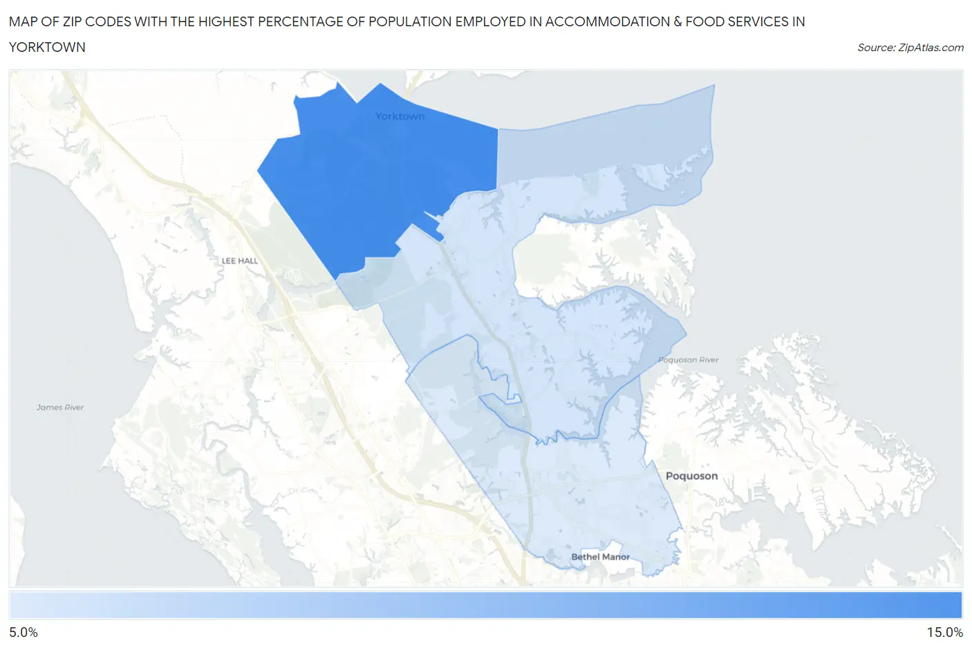 Zip Codes with the Highest Percentage of Population Employed in Accommodation & Food Services in Yorktown Map