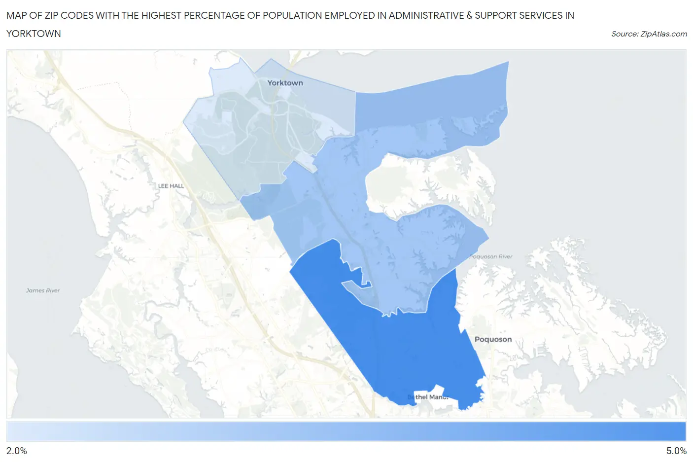 Zip Codes with the Highest Percentage of Population Employed in Administrative & Support Services in Yorktown Map