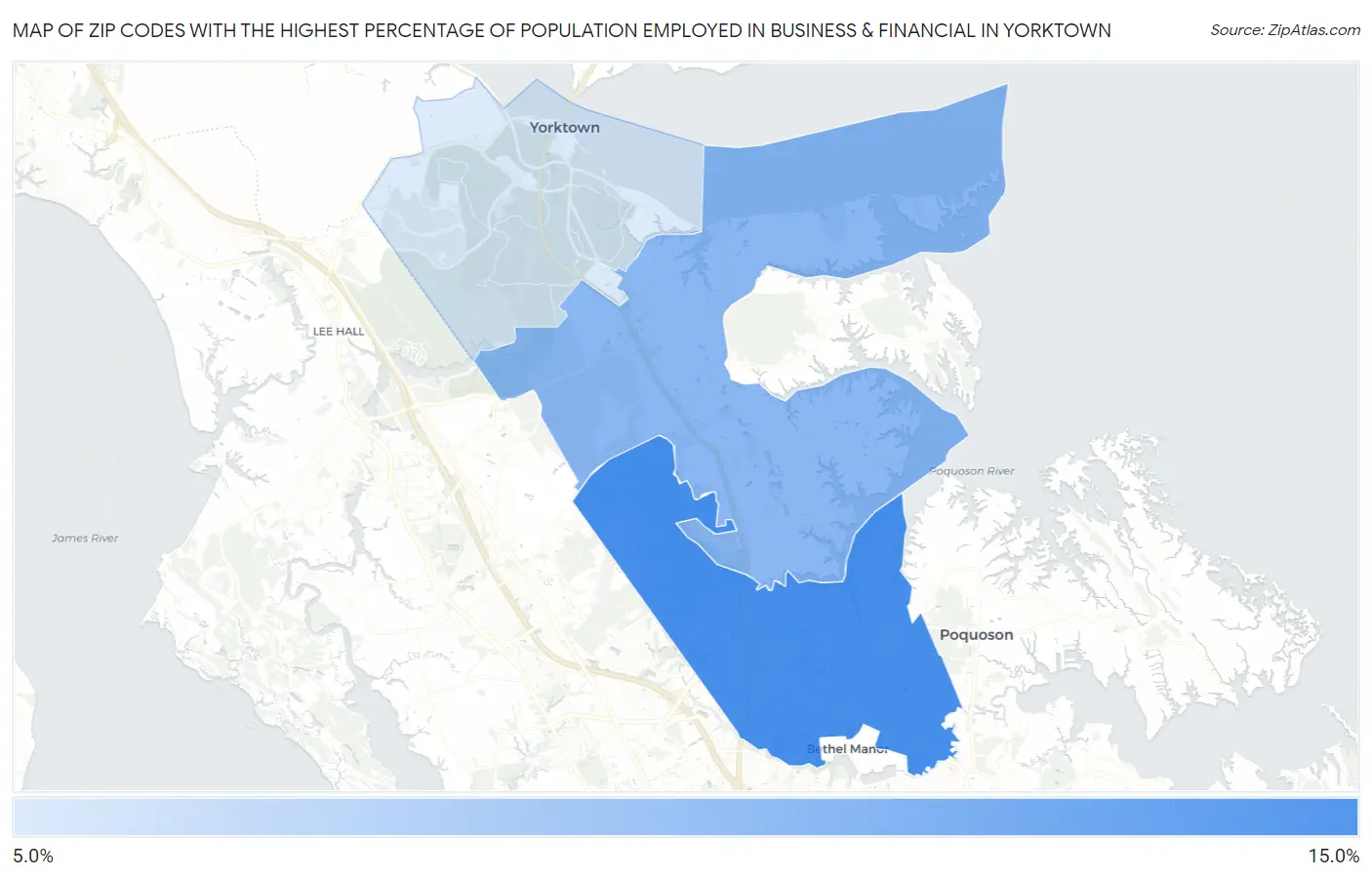 Zip Codes with the Highest Percentage of Population Employed in Business & Financial in Yorktown Map