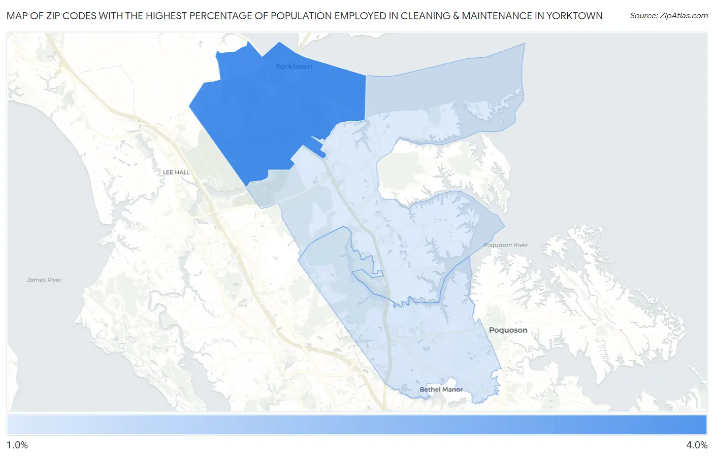 Zip Codes with the Highest Percentage of Population Employed in Cleaning & Maintenance in Yorktown Map