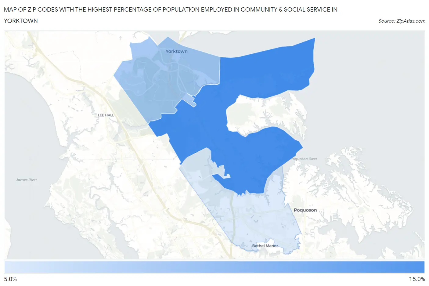 Zip Codes with the Highest Percentage of Population Employed in Community & Social Service  in Yorktown Map