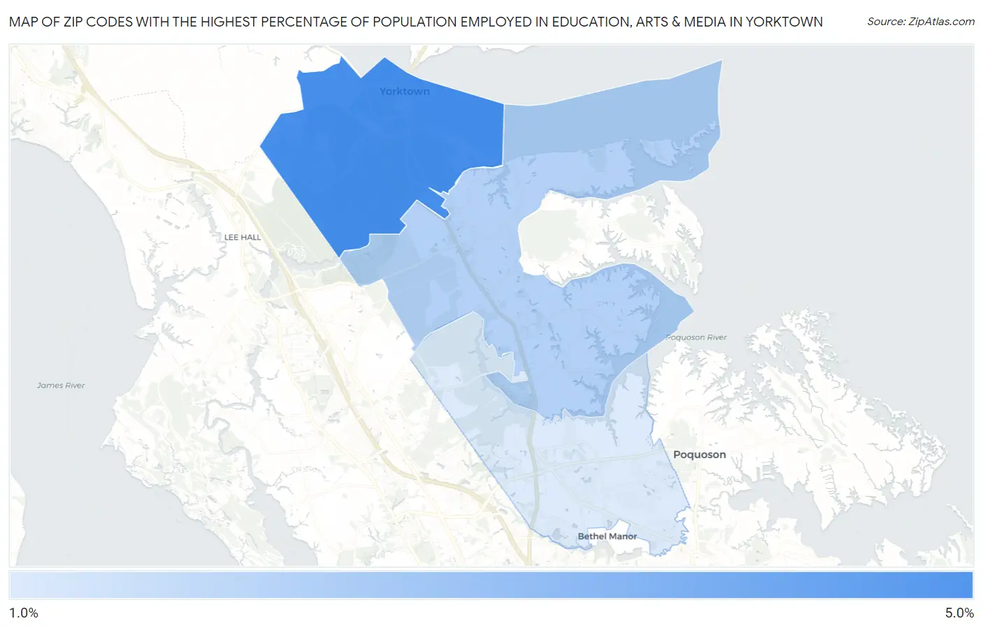 Zip Codes with the Highest Percentage of Population Employed in Education, Arts & Media in Yorktown Map