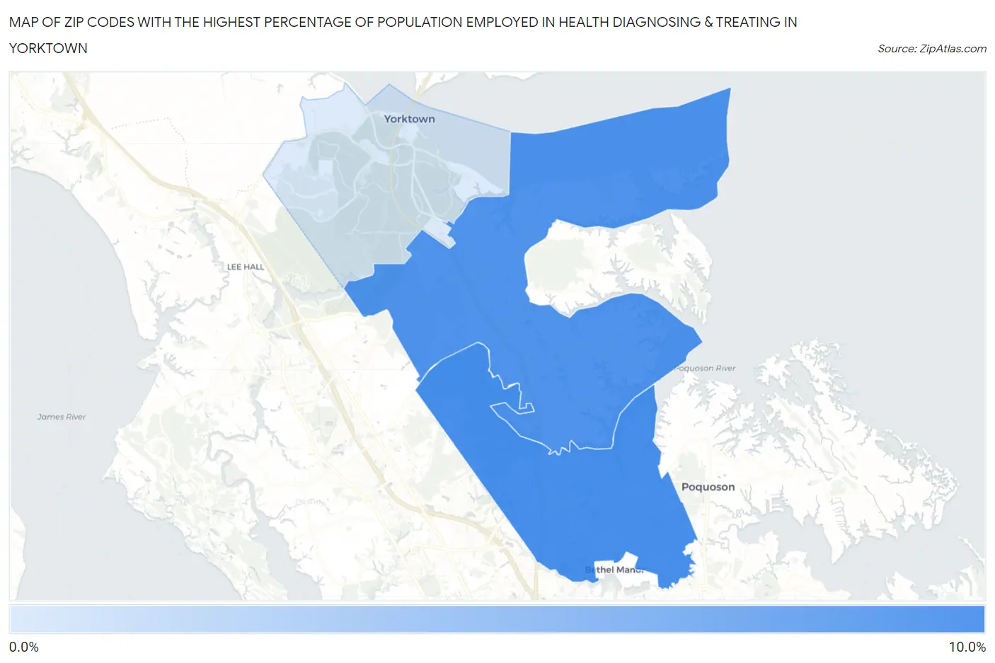 Zip Codes with the Highest Percentage of Population Employed in Health Diagnosing & Treating in Yorktown Map