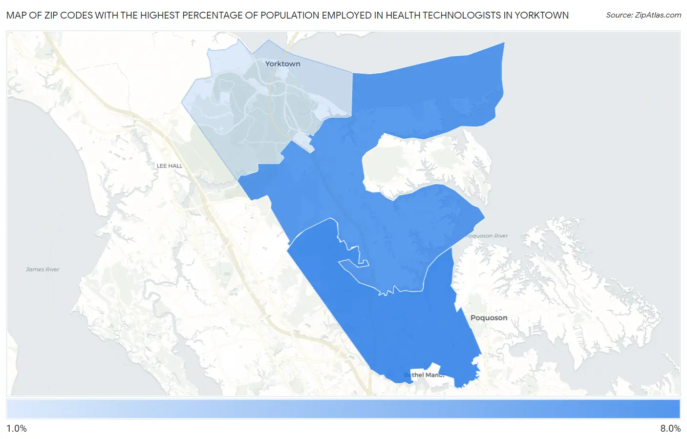 Zip Codes with the Highest Percentage of Population Employed in Health Technologists in Yorktown Map