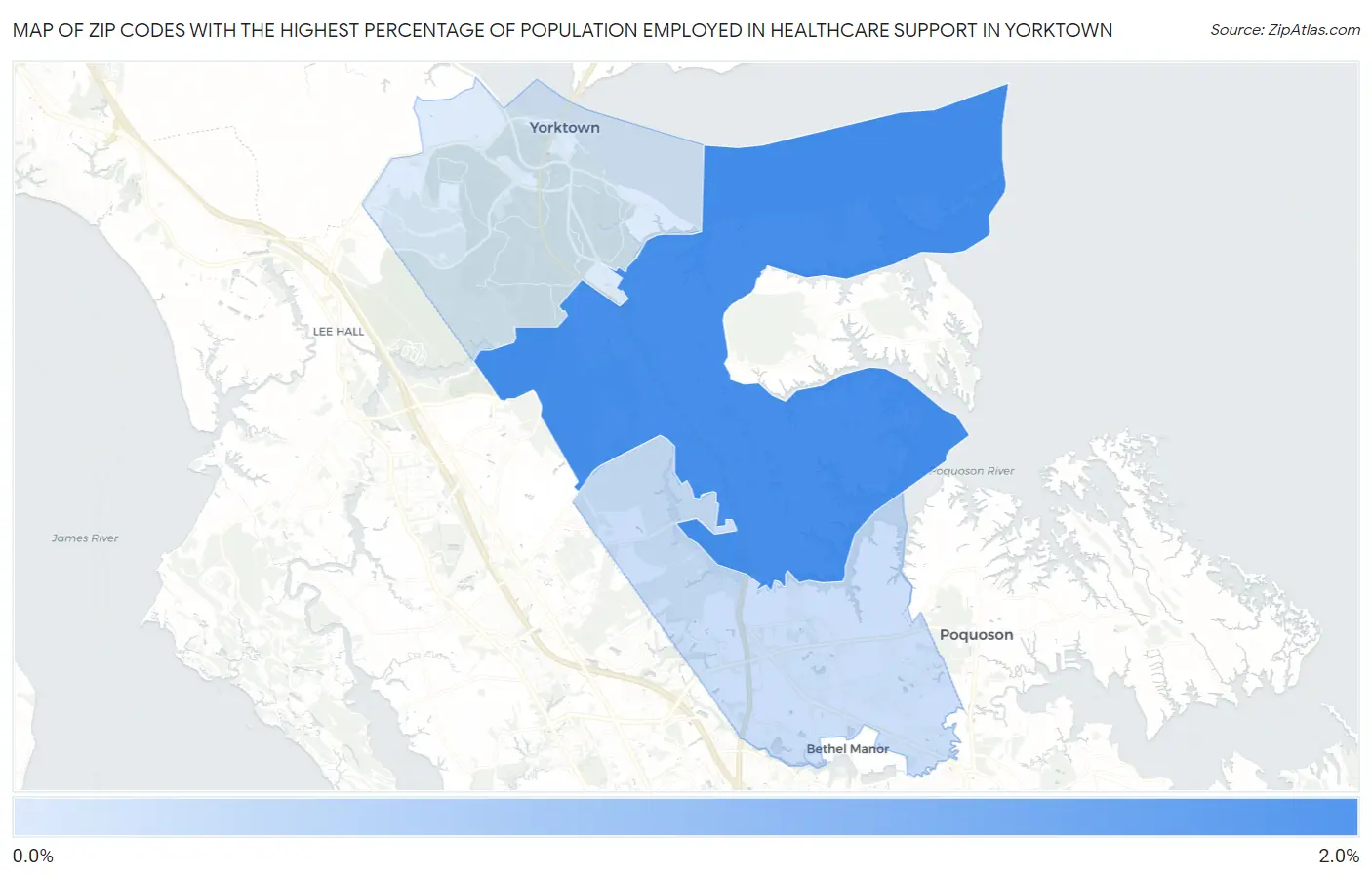Zip Codes with the Highest Percentage of Population Employed in Healthcare Support in Yorktown Map