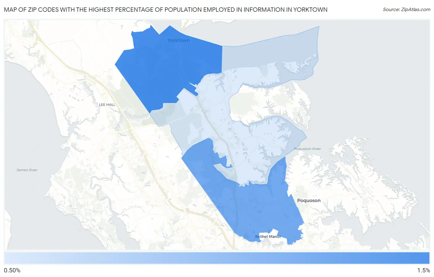 Zip Codes with the Highest Percentage of Population Employed in Information in Yorktown Map