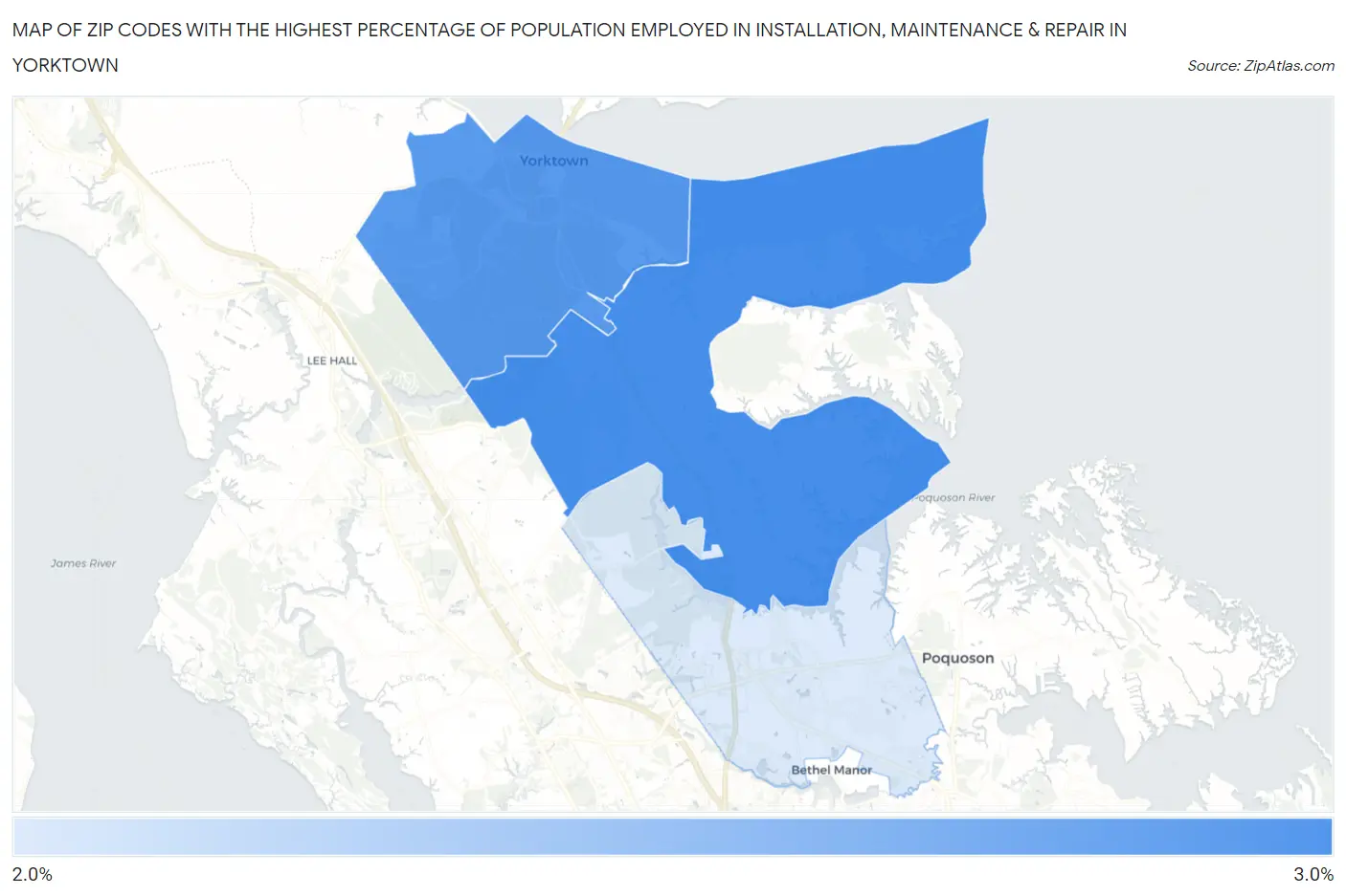 Zip Codes with the Highest Percentage of Population Employed in Installation, Maintenance & Repair in Yorktown Map