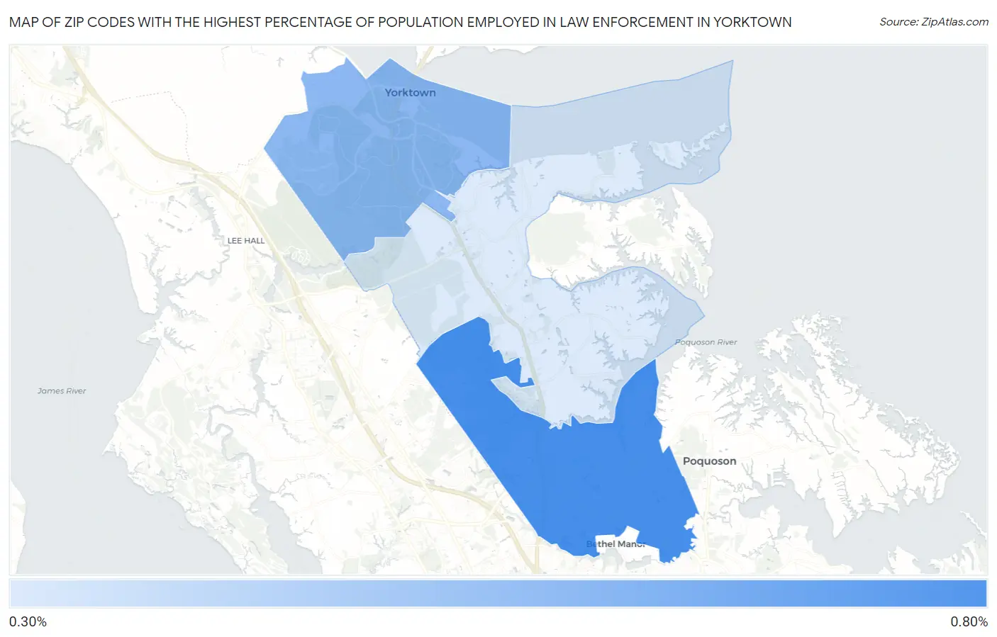 Zip Codes with the Highest Percentage of Population Employed in Law Enforcement in Yorktown Map
