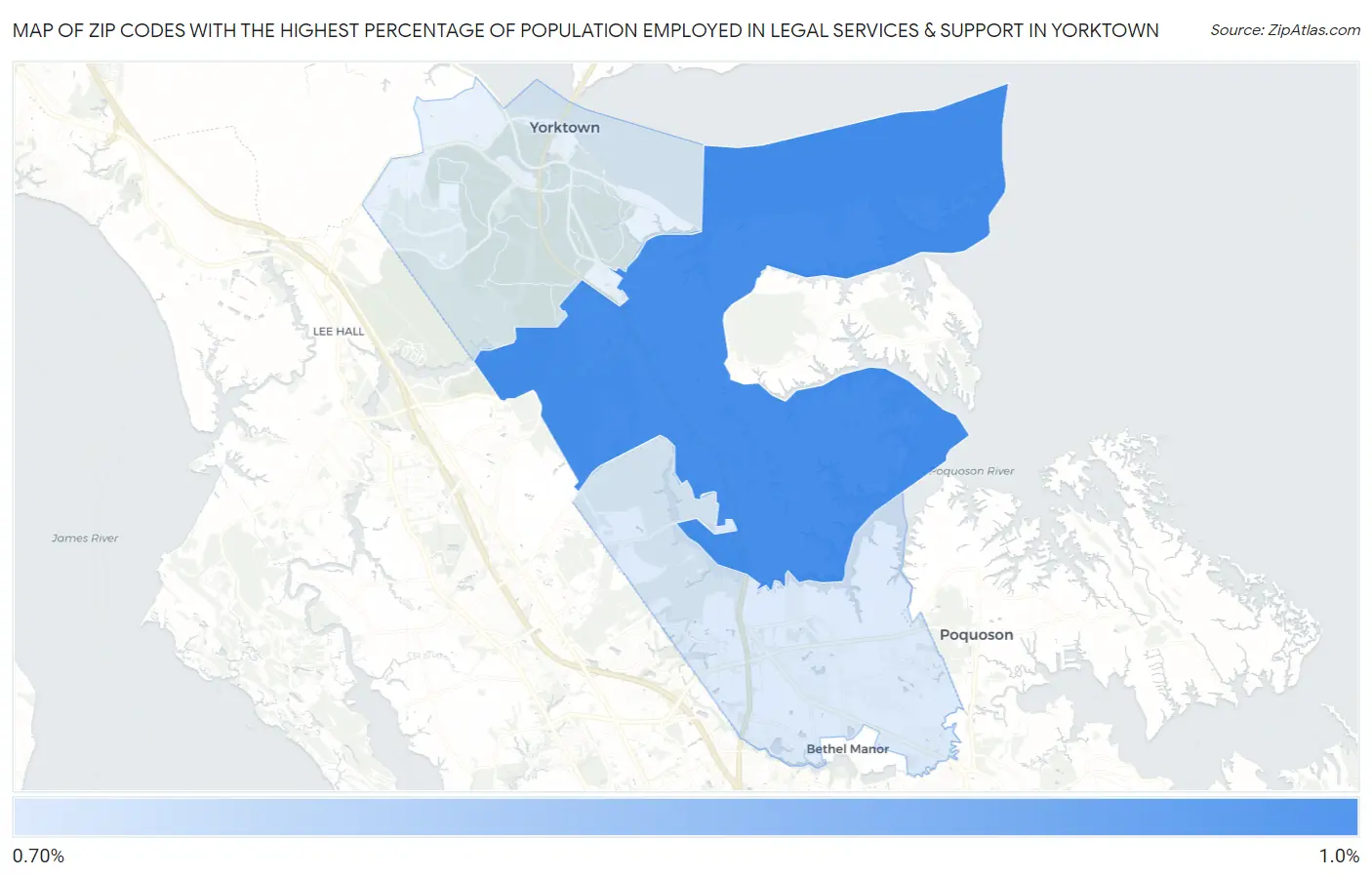 Zip Codes with the Highest Percentage of Population Employed in Legal Services & Support in Yorktown Map