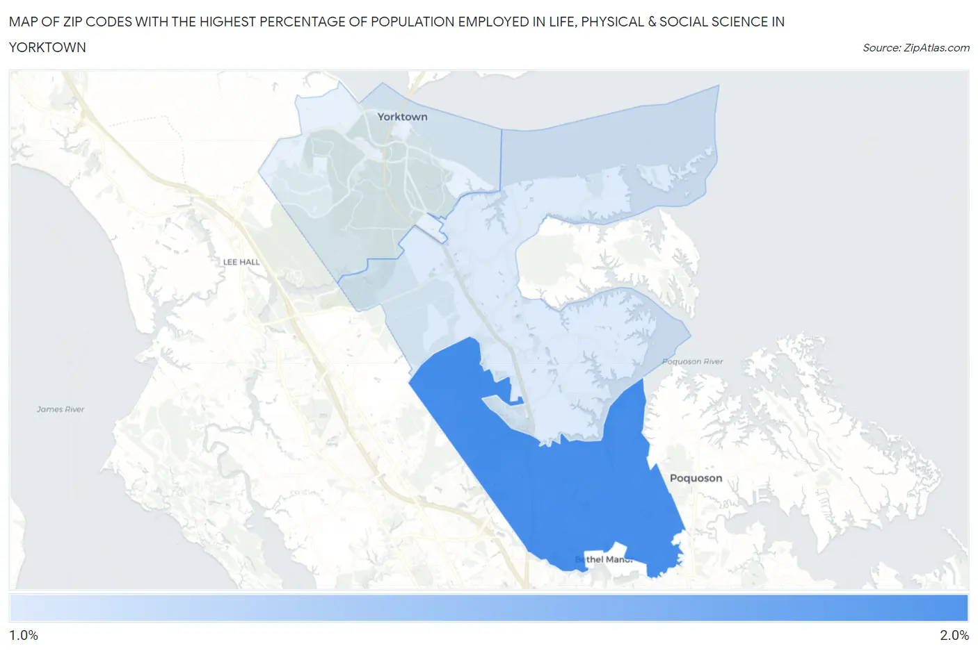 Zip Codes with the Highest Percentage of Population Employed in Life, Physical & Social Science in Yorktown Map