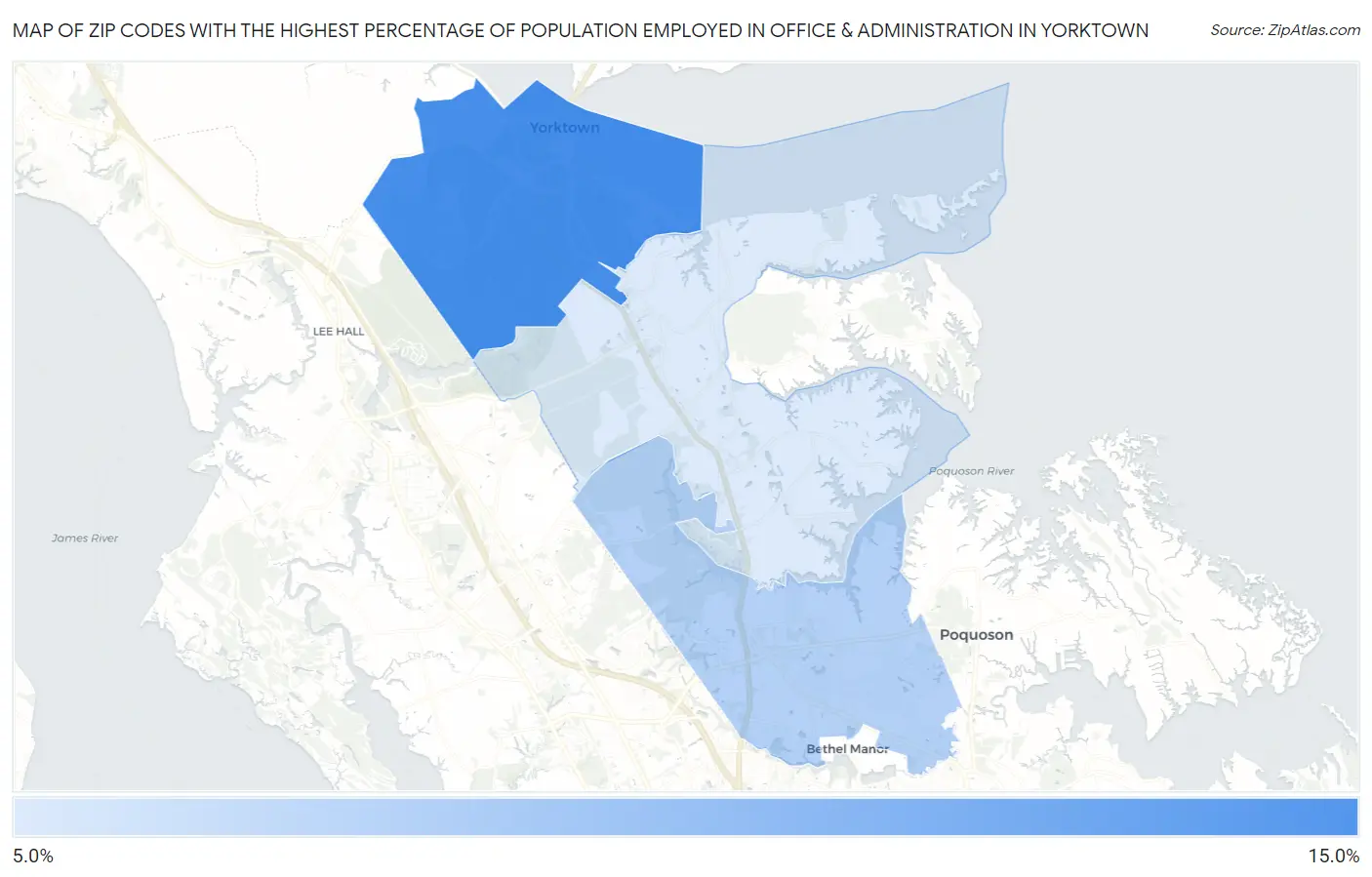 Zip Codes with the Highest Percentage of Population Employed in Office & Administration in Yorktown Map