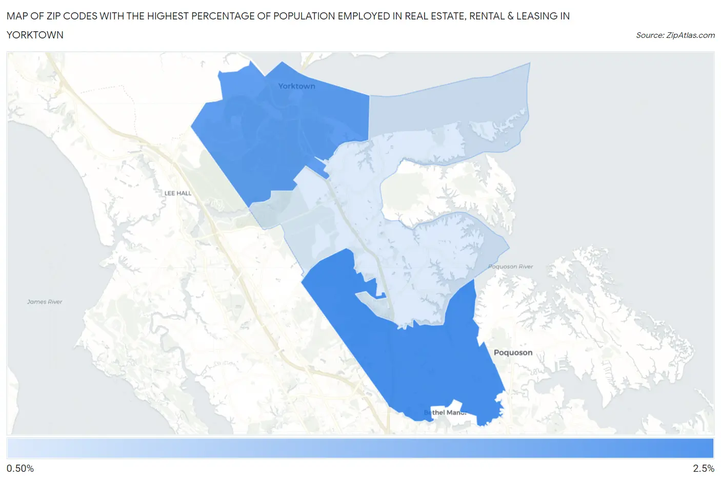 Zip Codes with the Highest Percentage of Population Employed in Real Estate, Rental & Leasing in Yorktown Map