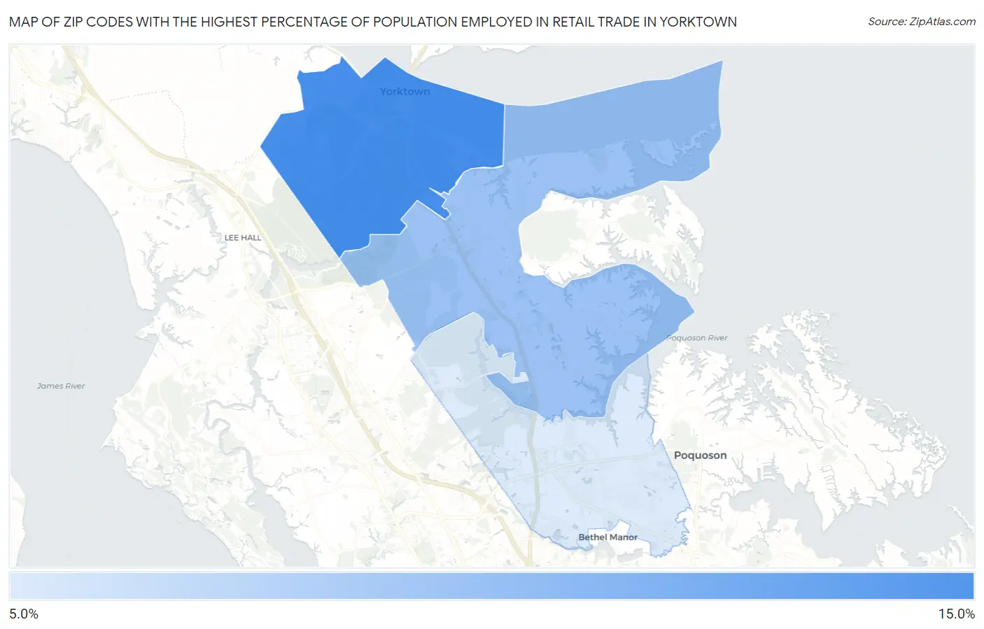 Zip Codes with the Highest Percentage of Population Employed in Retail Trade in Yorktown Map