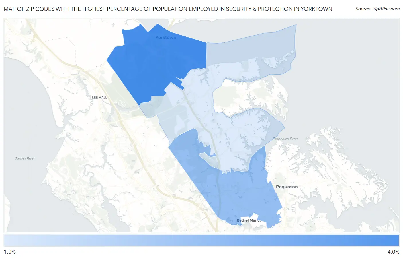Zip Codes with the Highest Percentage of Population Employed in Security & Protection in Yorktown Map