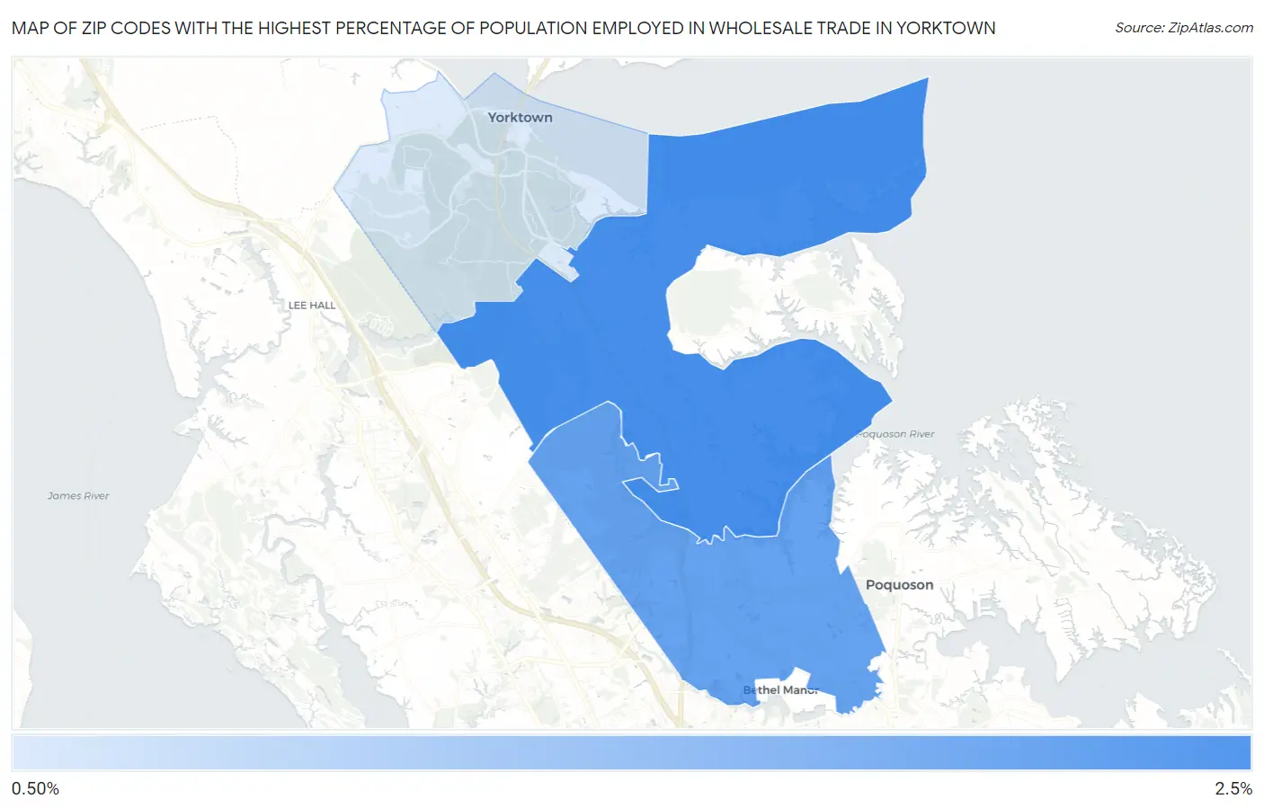 Zip Codes with the Highest Percentage of Population Employed in Wholesale Trade in Yorktown Map