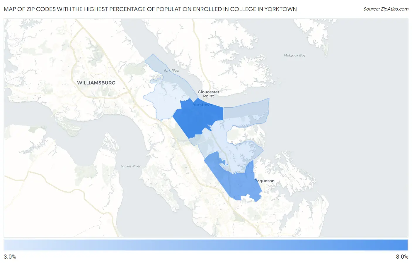 Zip Codes with the Highest Percentage of Population Enrolled in College in Yorktown Map